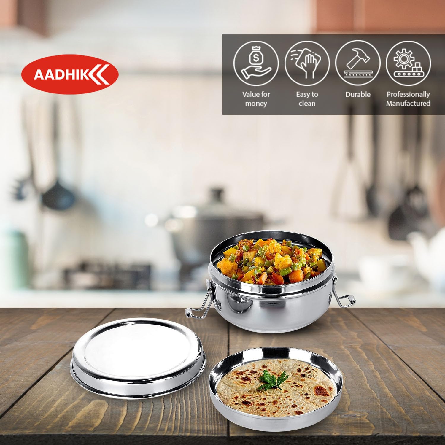 AADHIK 600ml Stainless Steel Lunch Box - 2 Tier Insulated Tiffin Container for School, Office & Travel | BPA-Free, Leak Proof Food Storage | Perfect for Meal Prep, Picnics & Daily Use