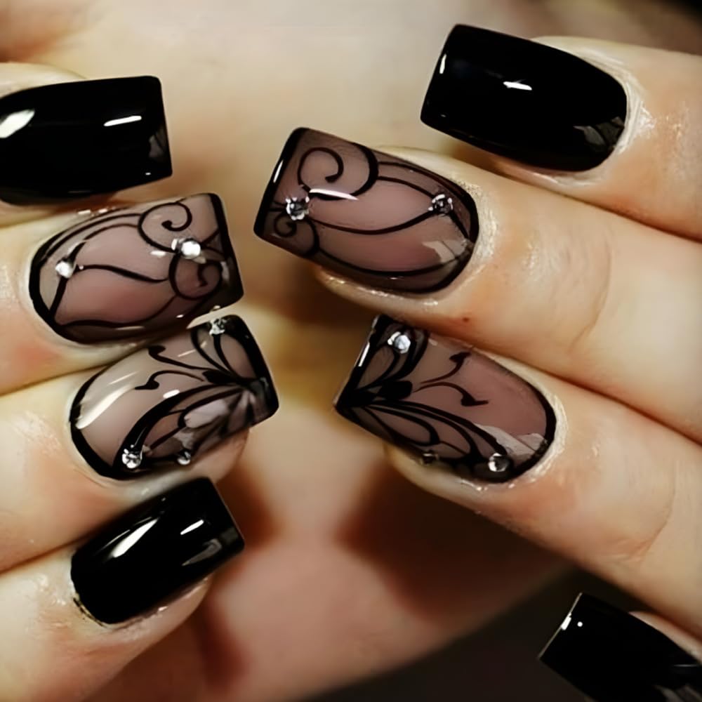 24Pcs Black Press on Nails Short Square - Acrylic Fake Nails with Glossy Finish & Vine Design | Easy Glue-on Full Cover Artificial Nails for Women & Girls | Perfect for Summer, Parties, Weddings & Daily Wear
