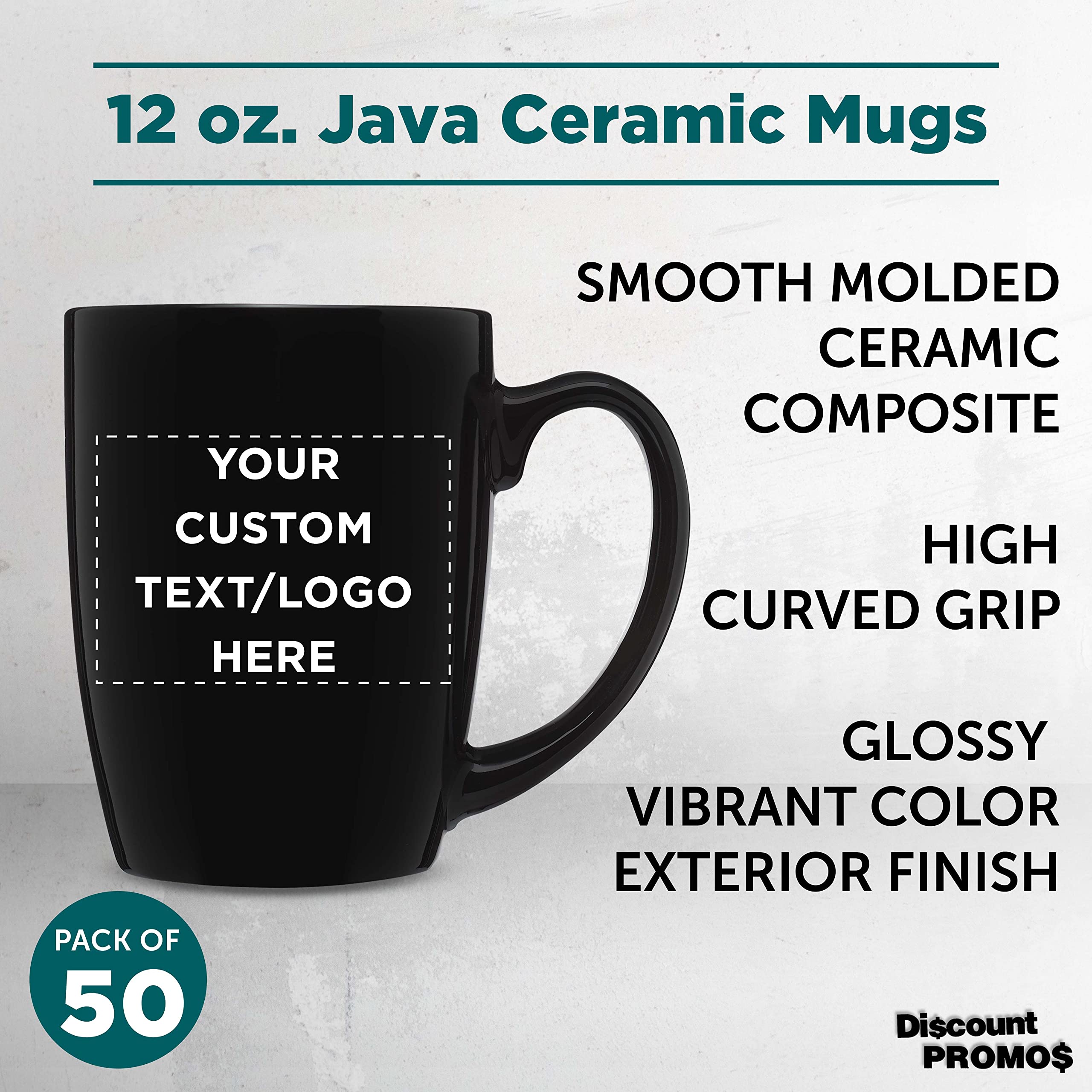 Custom Curved Java Coffee Mug Set - 50 Pack - Personalized Logo & Text - 12 Oz Stoneware Restaurant Cups - Black - Perfect for Cafes, Offices & Bulk Gifting