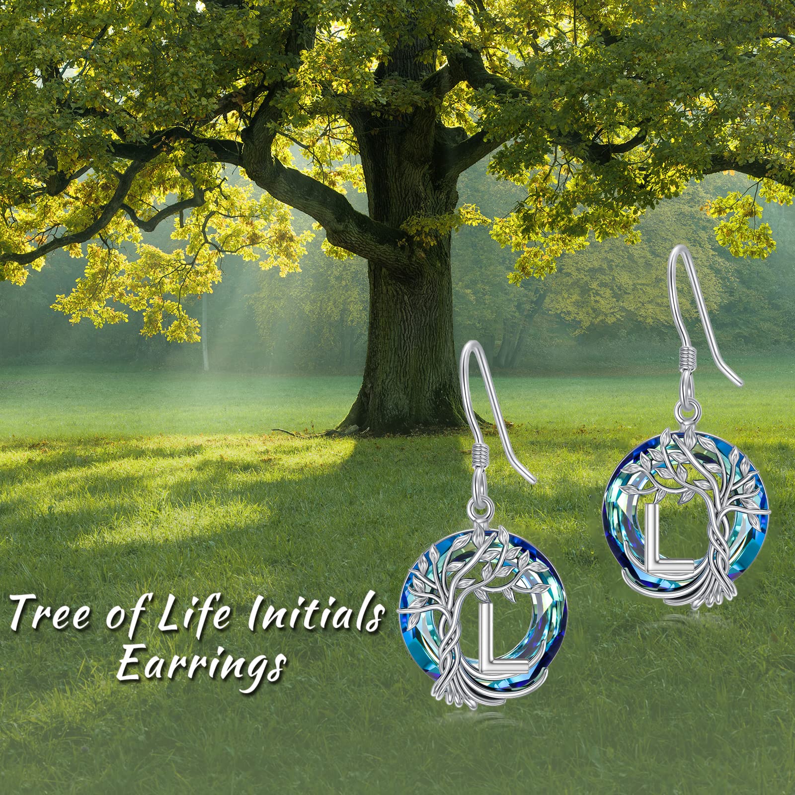 TOUPOP Tree of Life Initial Earrings 925 Sterling Silver A-Z Letter Drop Dangle Earrings with Blue Circle Crystal - Valentine's Day, Anniversary, Birthday Gifts for Women, Girlfriend, Mom - Perfect for Romantic Occasions, Special Celebrations & Everyday Elegance
