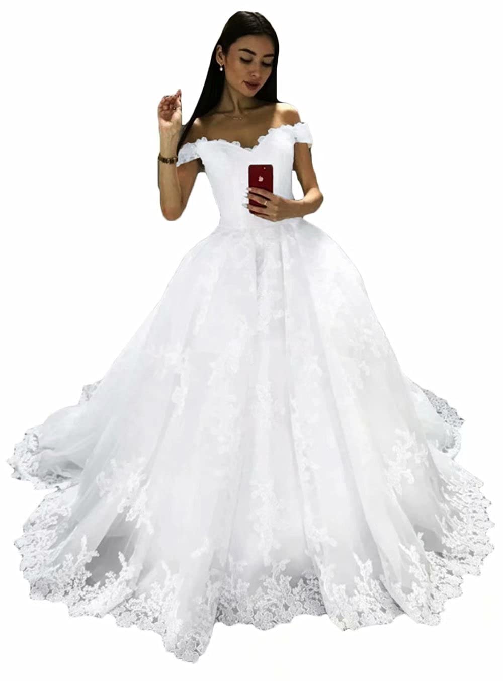 Elegant Off-The-Shoulder Lace Wedding Dress with Appliques - Sleeveless Tulle Ball Gown for Brides | Perfect for Beach, Church, and Formal Wedding Ceremonies