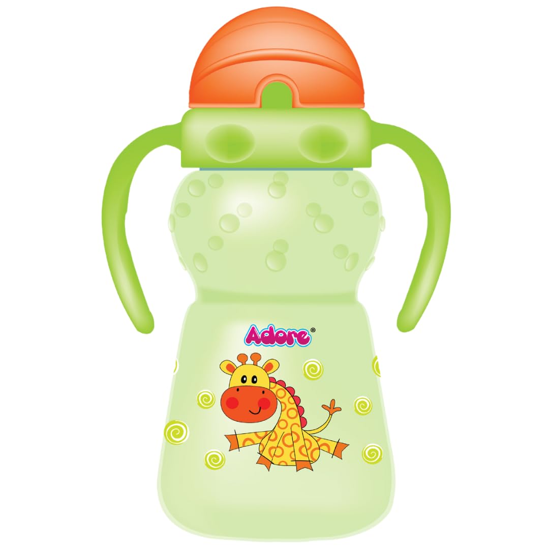 Adore Zing Twin Handle Straw Cup - BPA-Free Plastic Baby Water Bottle for Kids & Toddlers, 300ml, Green | Leak-Proof Sippy Cup for Daycare, Travel & Outdoor Activities