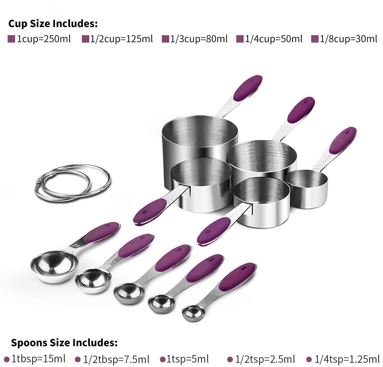 10-Piece Stainless Steel Measuring Spoons and Cups Set with BPA-Free Silicone Grips - Accurate Liquid & Dry Ingredient Measurement for Baking, Cooking, and Meal Prep - Dishwasher Safe Kitchen Utensils (Purple) - Perfect for Home Chefs, Bakers, and Cooking Enthusiasts