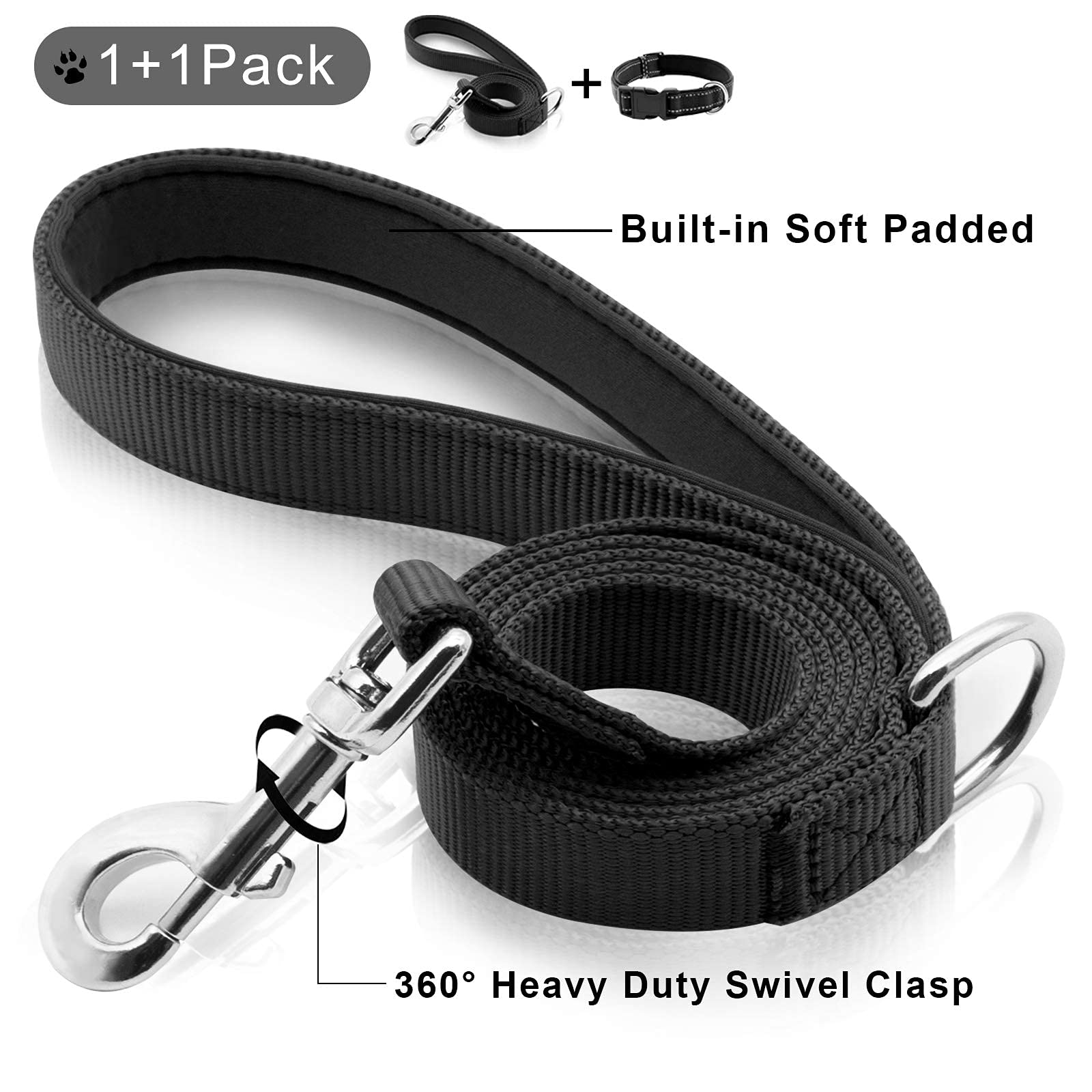 Premium Nylon Dog Collar and Leash Set for Small Dogs - Adjustable Reflective Collar with Quick Release Buckle & Soft Padded Handle - Black (4FT Leash + 12