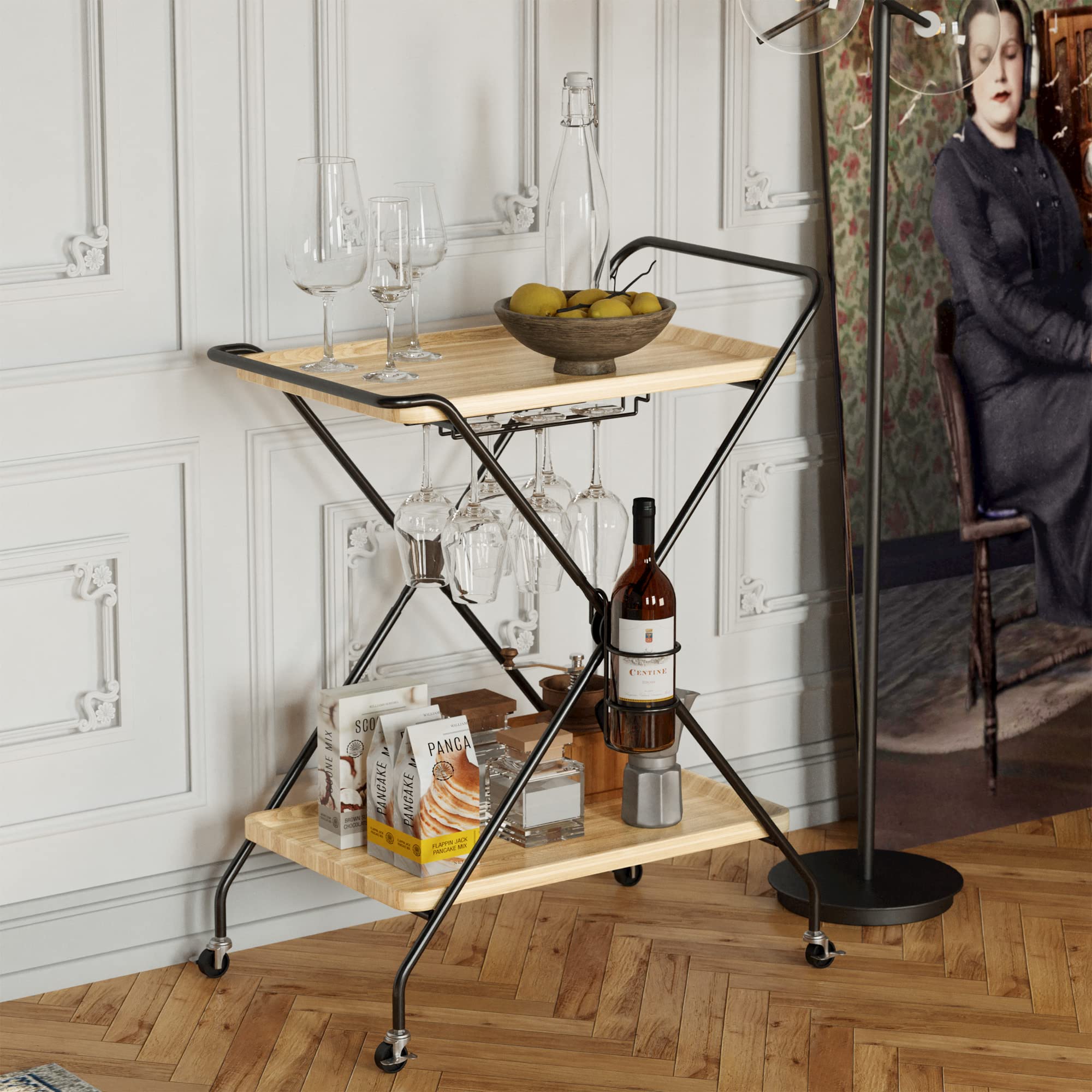 **IRONCK 2-Tier Industrial Bar Cart with Wheels - Mobile Kitchen & Liquor Cart with Glass Holder - Beige/Black - Perfect for Living Room, Dining Room & Home Bar**