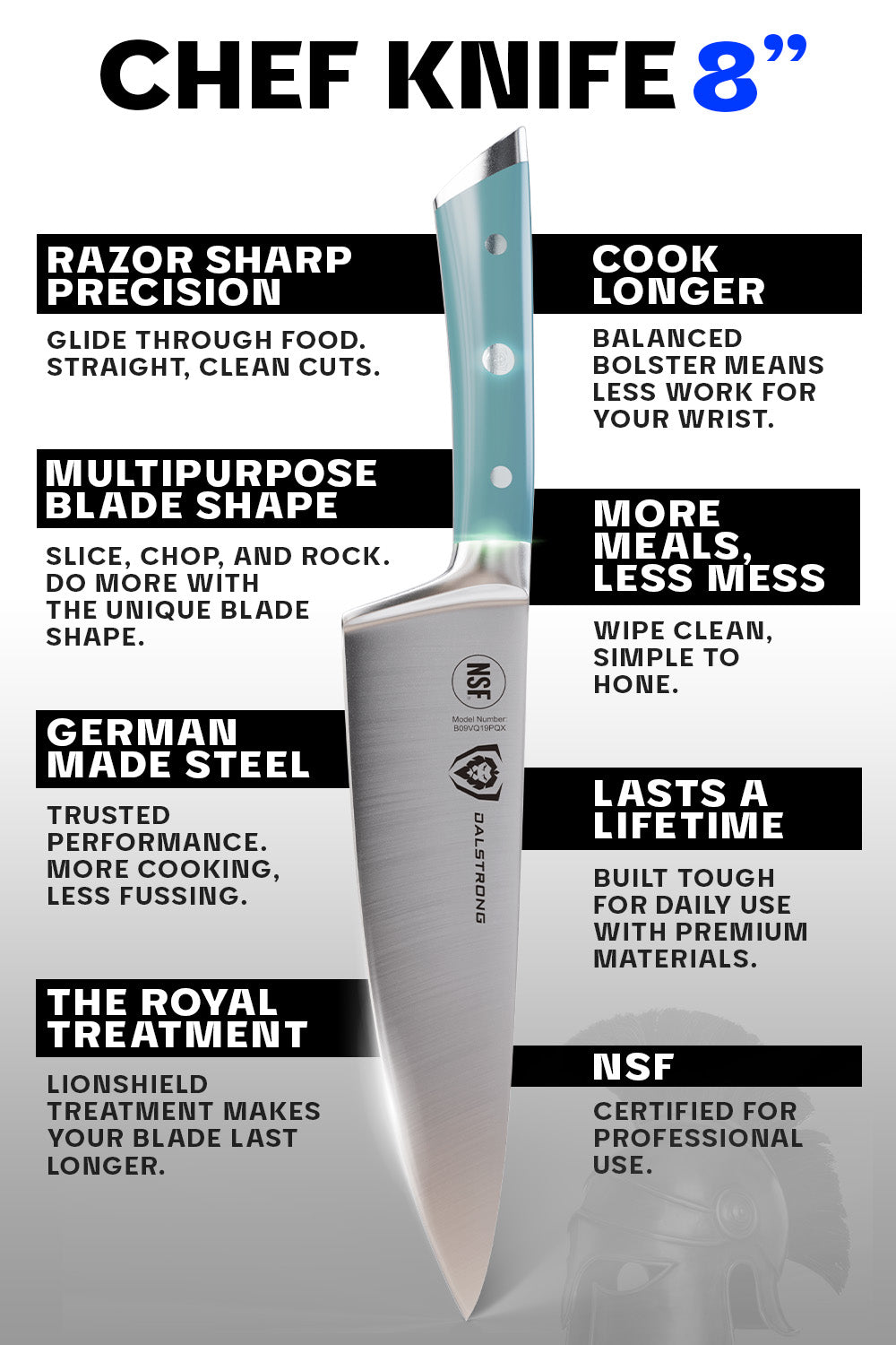Premium 8-Inch Chef Knife - Aegean Handle, Gladiator Series - NSF Certified Professional Kitchen Knife by Dalstrong - Perfect for Slicing, Dicing & Chopping Vegetables, Meat & Fish