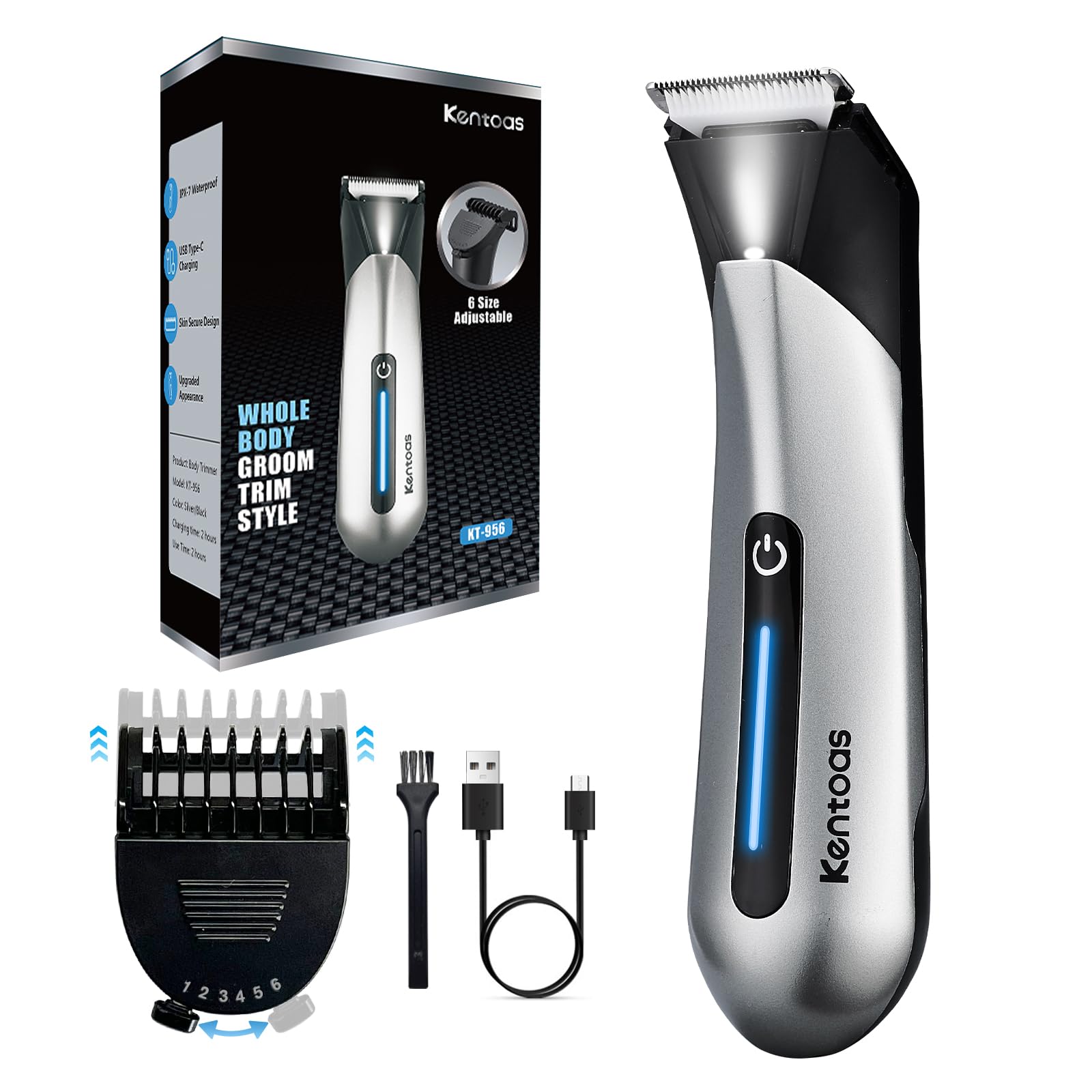 Men's Electric Body Hair Trimmer - 6-in-1 Ceramic Blade Ball & Groin Groomer, Waterproof USB Rechargeable Pubic Shaver with LED Light, No Nicks or Irritation - Perfect for Travel, Gym & Home Grooming