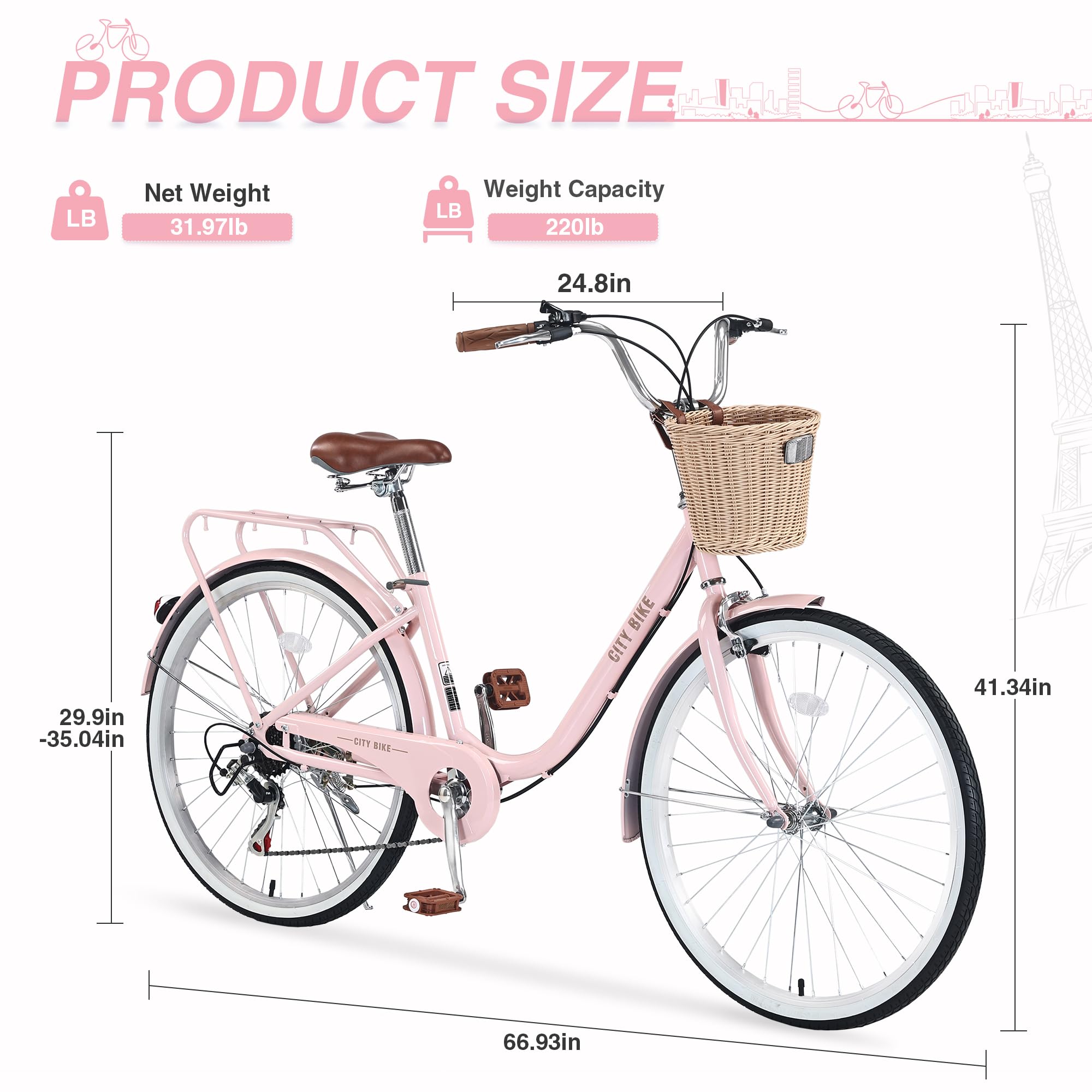 22/26 Inch Women's Beach Cruiser Bike - 7-Speed Hybrid City Bicycle for Women & Men, Commuter Bike for Adults, 4 Color Options - Perfect for Beach Rides, City Commuting & Leisure Cycling