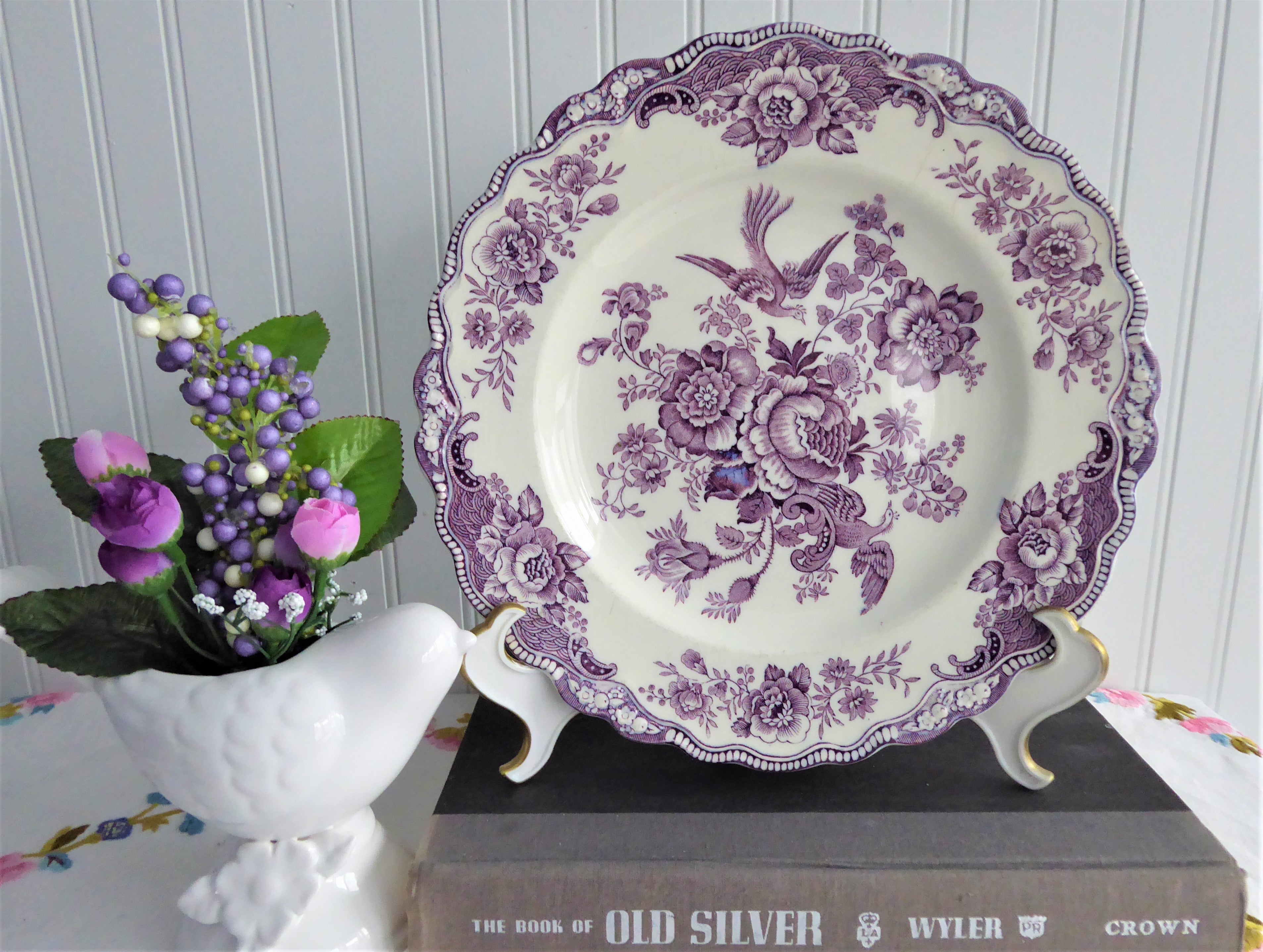 Vintage 1930s Bristol Purple Transferware Lunch Plate with Asiatic Pheasants - Shabby Chic Ironstone Dish for Farmhouse Dining, Tea Parties & Antique Collectors