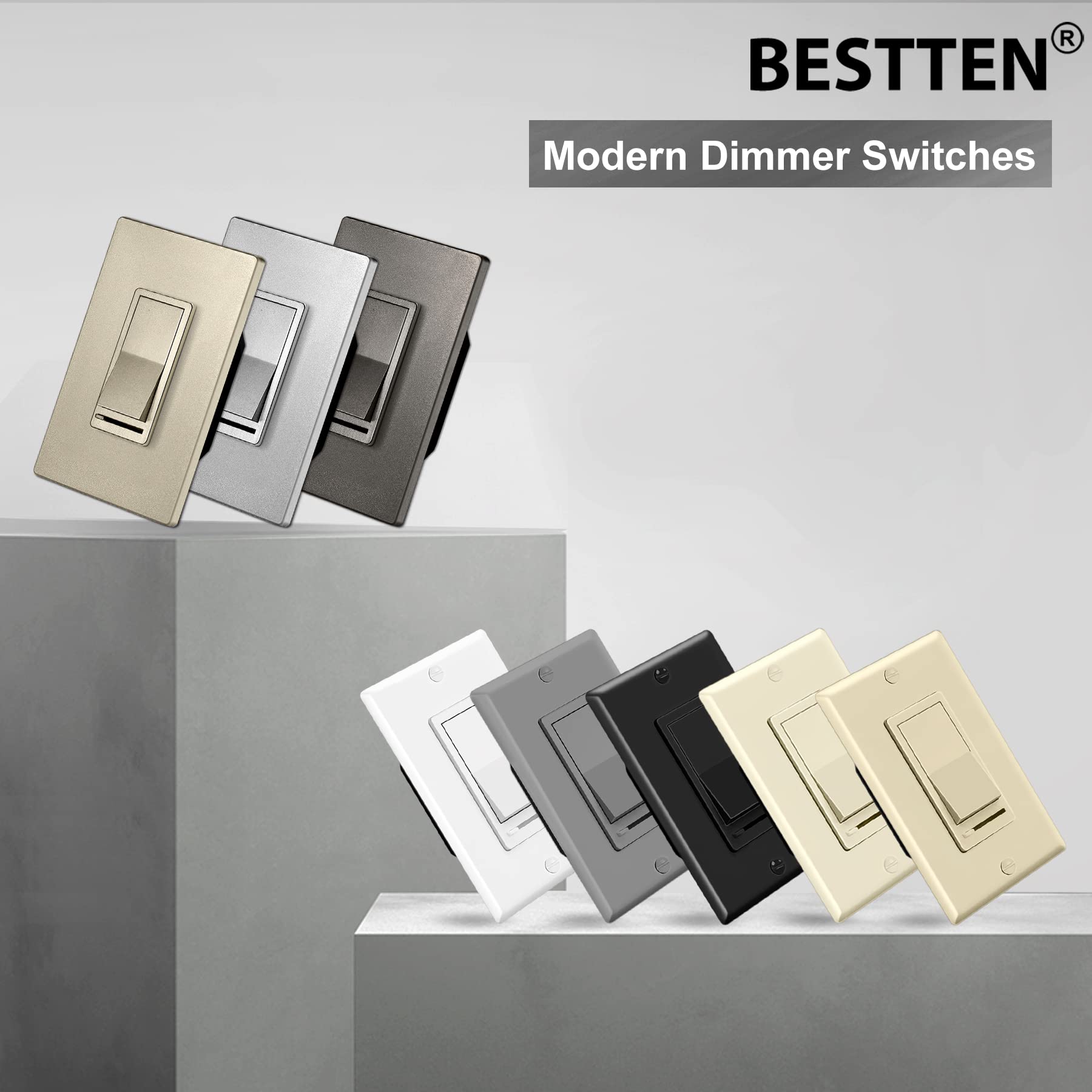 BESTTEN 10 Pack Matte Champagne Gold Dimmer Light Switch - Single Pole/3-Way - Works with Dimmable LED, CFL, Incandescent & Halogen Bulbs - 120VAC - UL Listed - Perfect for Living Room, Bedroom & Dining Room Lighting Control
