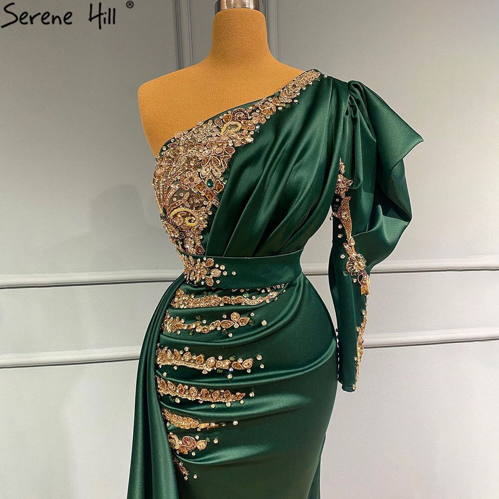 Elegant Beaded One Shoulder Mermaid Evening Dress for Women - Serene Hill Green Satin Gown 2025 | Perfect for Prom, Party & Formal Events - LA71341