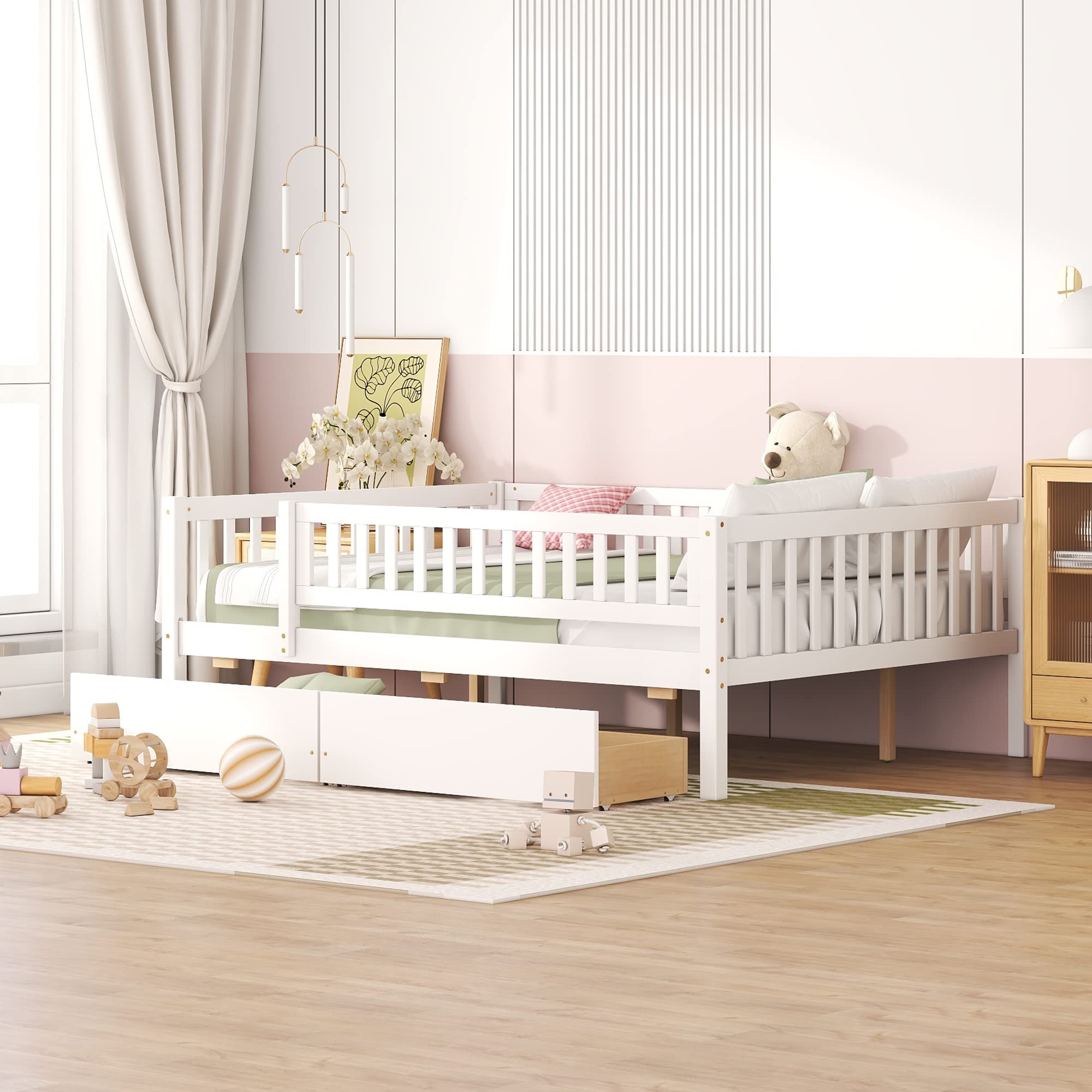 DEINPPA Full Size Wooden Bed Frame with Storage Drawers - Kids Daybed with Slats for Toddlers, Boys & Girls - White | Perfect for Small Bedrooms, Guest Rooms & Kids' Dorm Storage Solutions