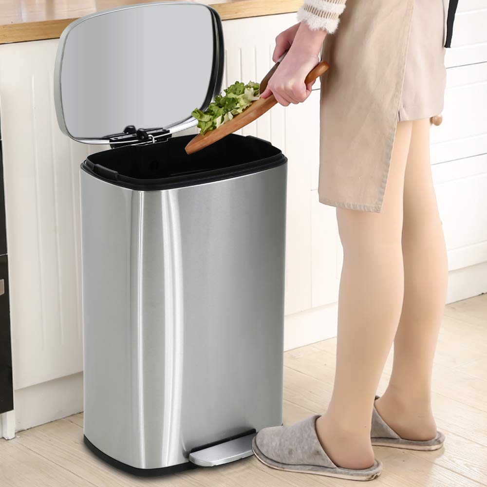 DKeli 13 Gallon Stainless Steel Step Trash Can with Soft-Close Lid & Removable Inner Bucket - 50L Kitchen Garbage Bin for Bathroom, Office & Home Use - Perfect for Waste Disposal in High-Traffic Areas (Silver)