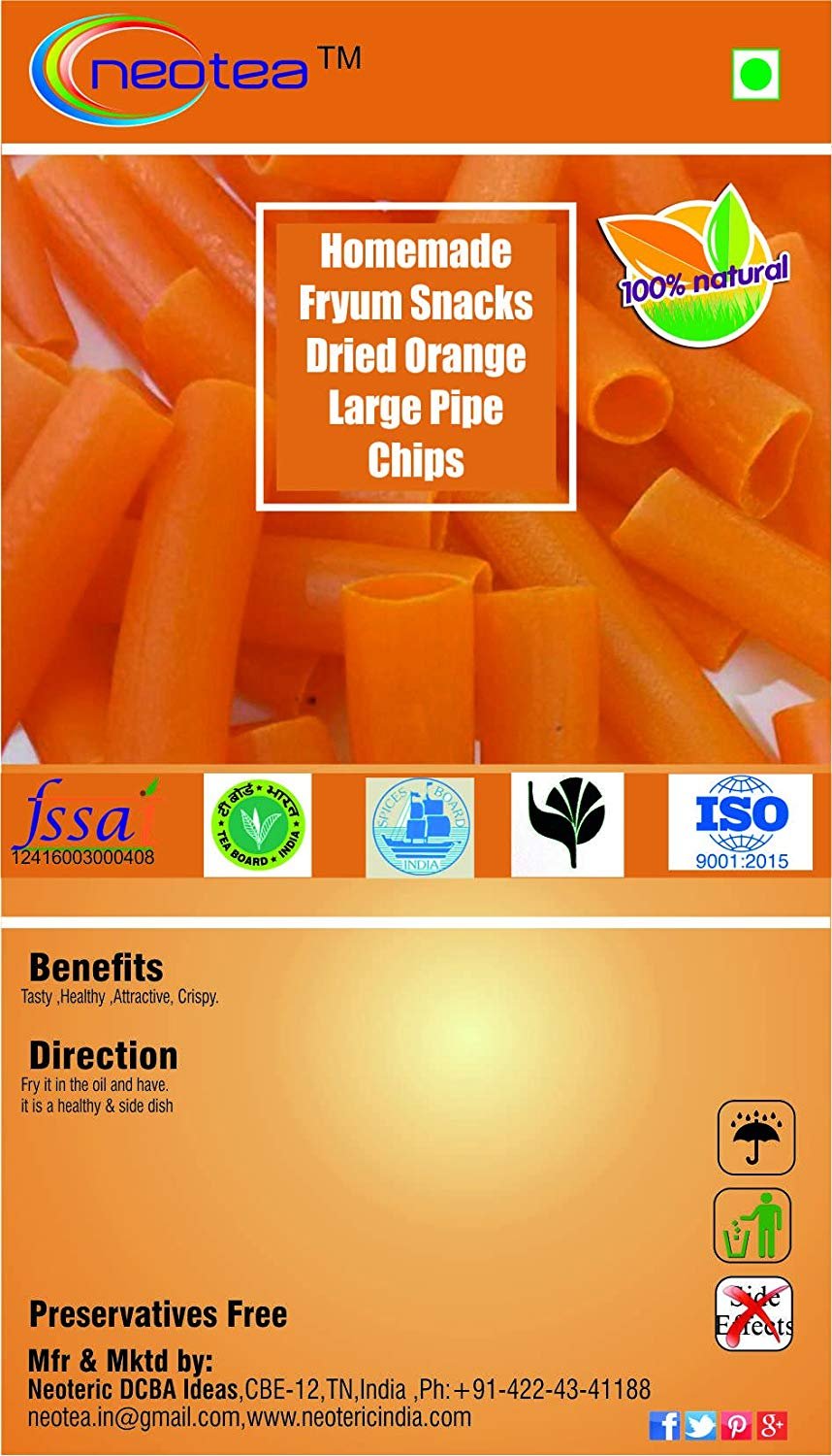 Neotea Homemade Fryum Snacks - Crunchy Dried Orange Large Pipe Chips, 250g | Healthy Vegan Snack for Parties, Movie Nights & On-the-Go Munching