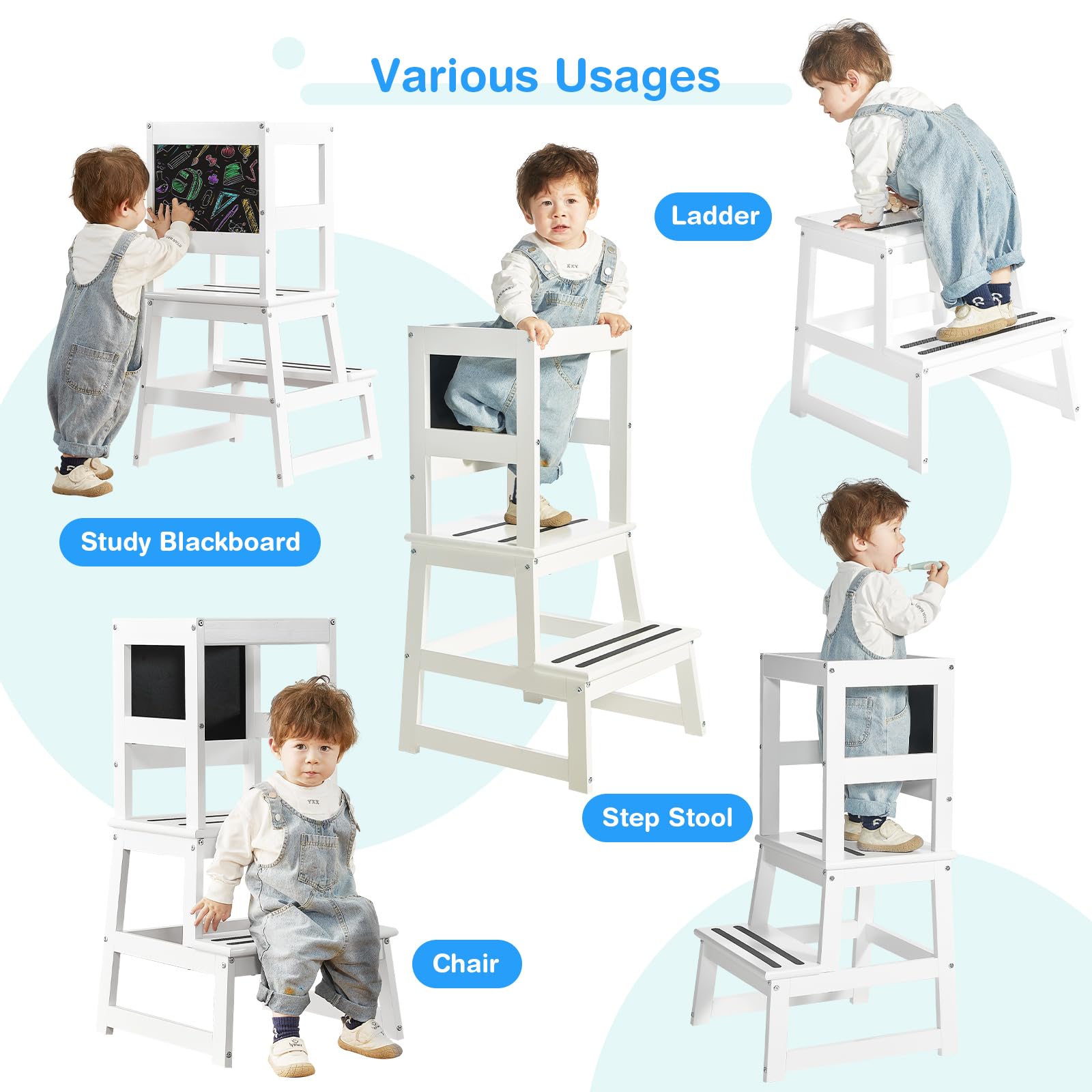 Yojoker Kids Kitchen Step Stool - Adjustable Toddler Standing Tower with Safety Rail | Montessori Learning Stool for Cooking & Baking | Non-Slip Base & Chalkboard (White) | Perfect for Little Chefs & Parent-Child Activities