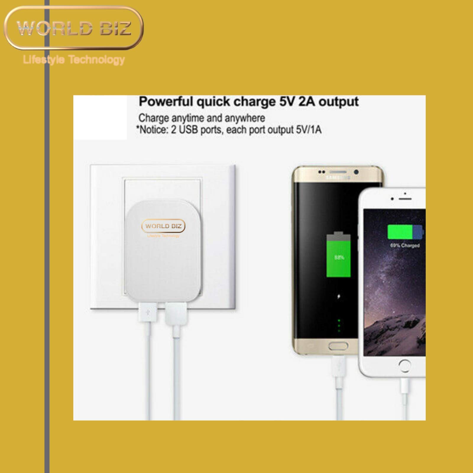 2-Port Foldable Dual USB Wall Charger 2.1A Fast Charging Adapter for iPhone 14/13/12/11/XS/XR/8/7/6, iPad Pro/Air/Mini, Samsung Galaxy - Compact Travel Charger for Home, Office & On-The-Go Use