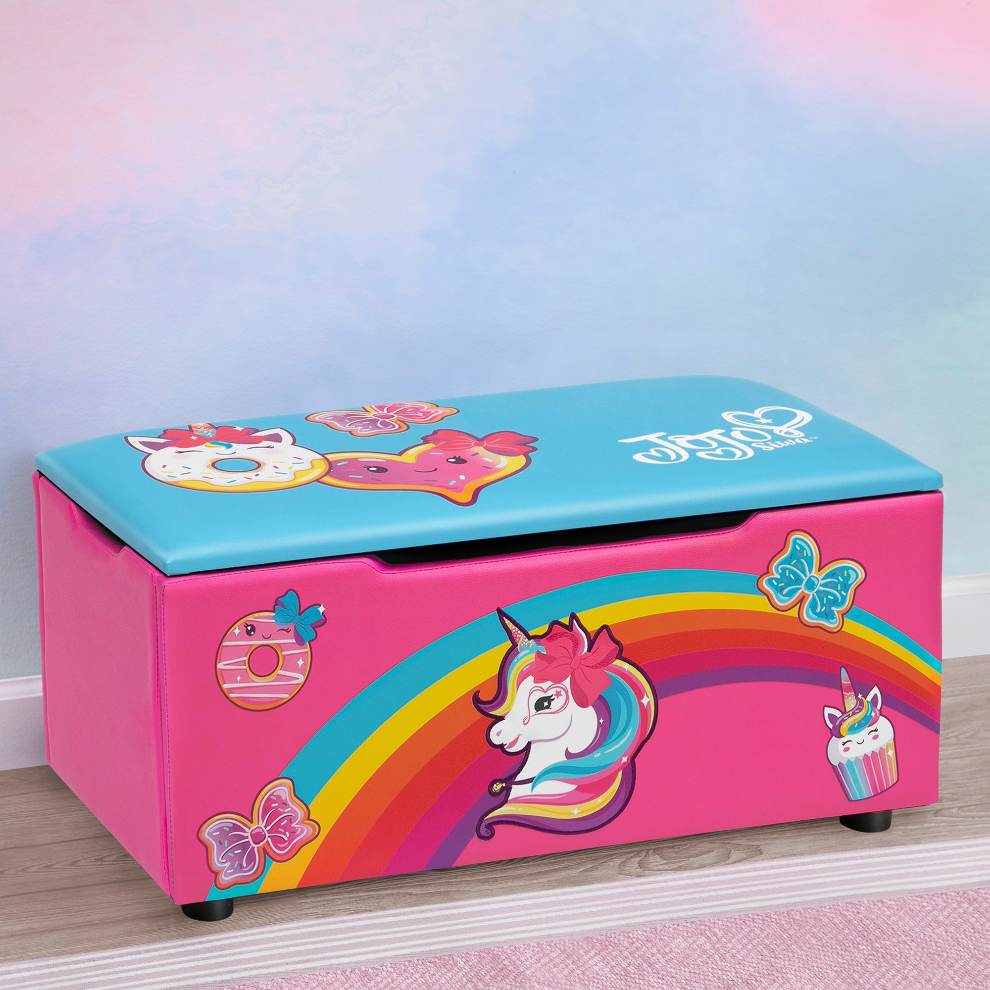 JoJo Siwa Kids Upholstered Storage Bench with Seat - Stylish Toy Organizer for Bedroom, Playroom & Nursery - Perfect for Girls' Room Decor & Storage Solutions