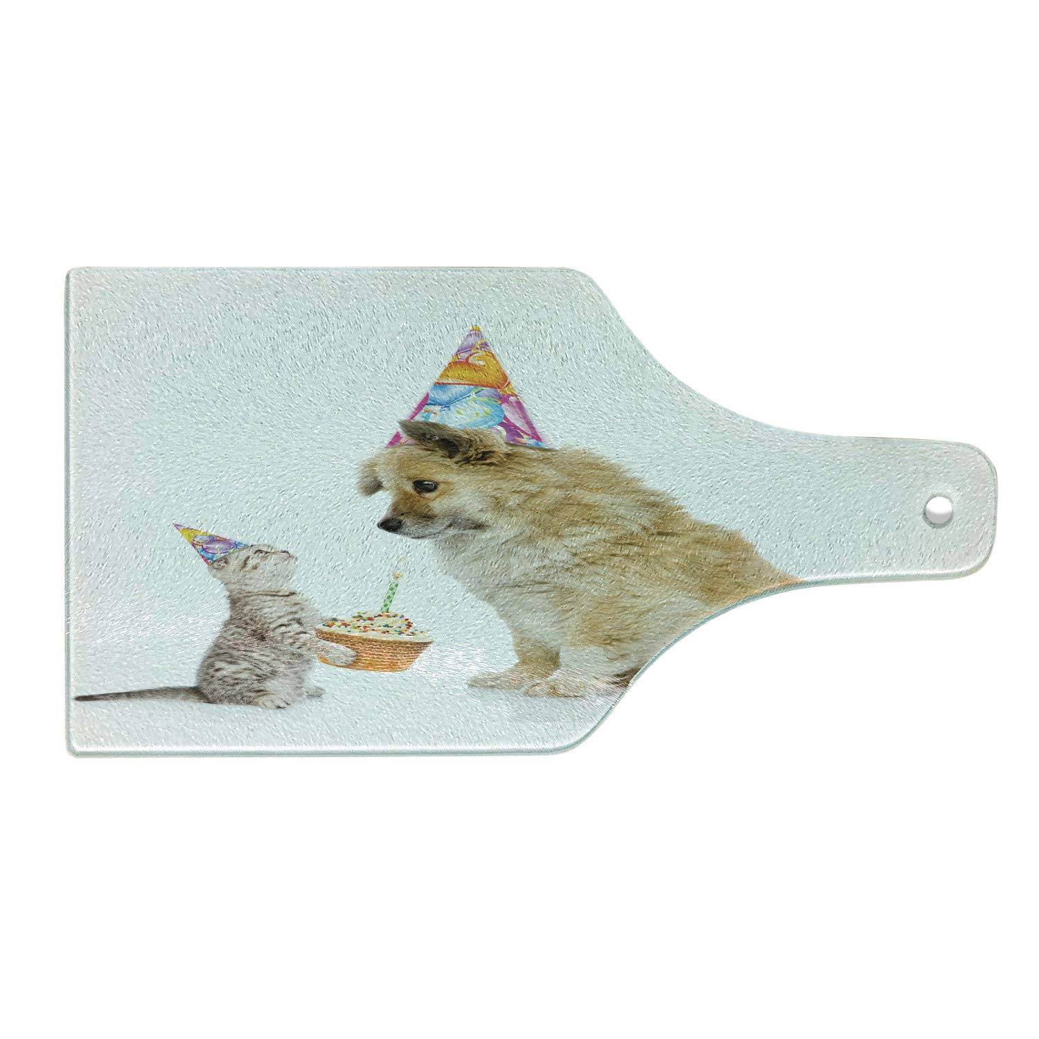 Ambesonne Birthday Cutting Board - Cat & Dog Themed Tempered Glass Serving Tray with Cupcake & Candle Design | Wine Bottle Shape Multicolor Decorative Board | Perfect for Pet Lover Parties, Anniversary Gifts & Kitchen Decor