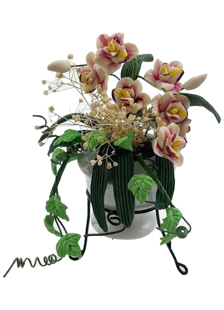 Melody Jane Dollhouse Accessory - Large Ceramic Garden Urn with Pale Pink Flowers & Black Tripod Stand | Miniature Decor for Doll Houses, Fairy Gardens & Collectors
