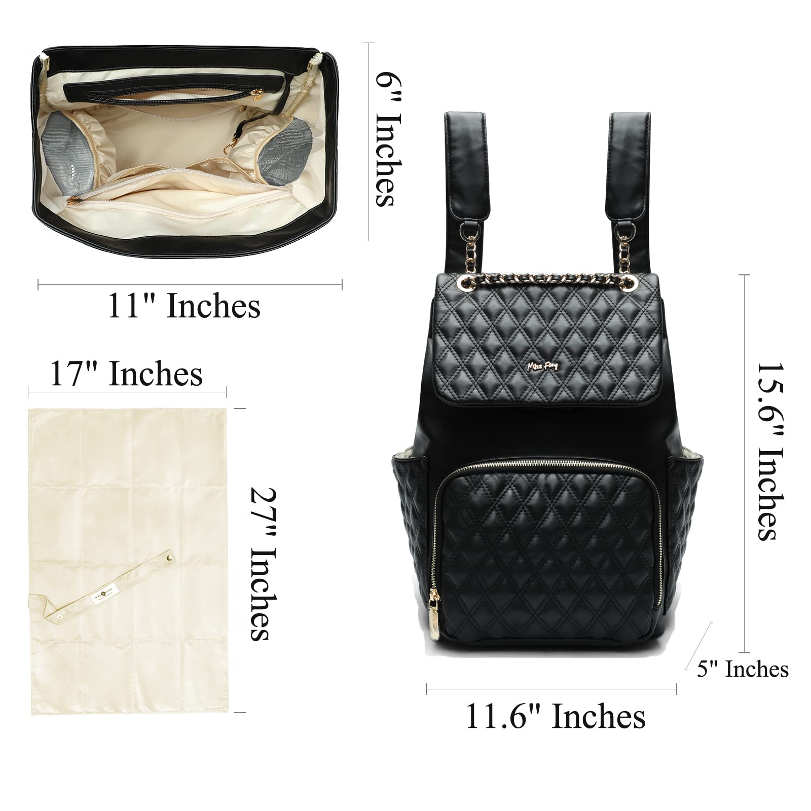 **Miss Fong Premium Leather Diaper Backpack for Baby Boys & Girls – 13 Organizing Pouches, Changing Pad, Stroller Straps & 4 Insulated Pockets (Black) – Perfect for Travel, Outings & Daily Baby Care**