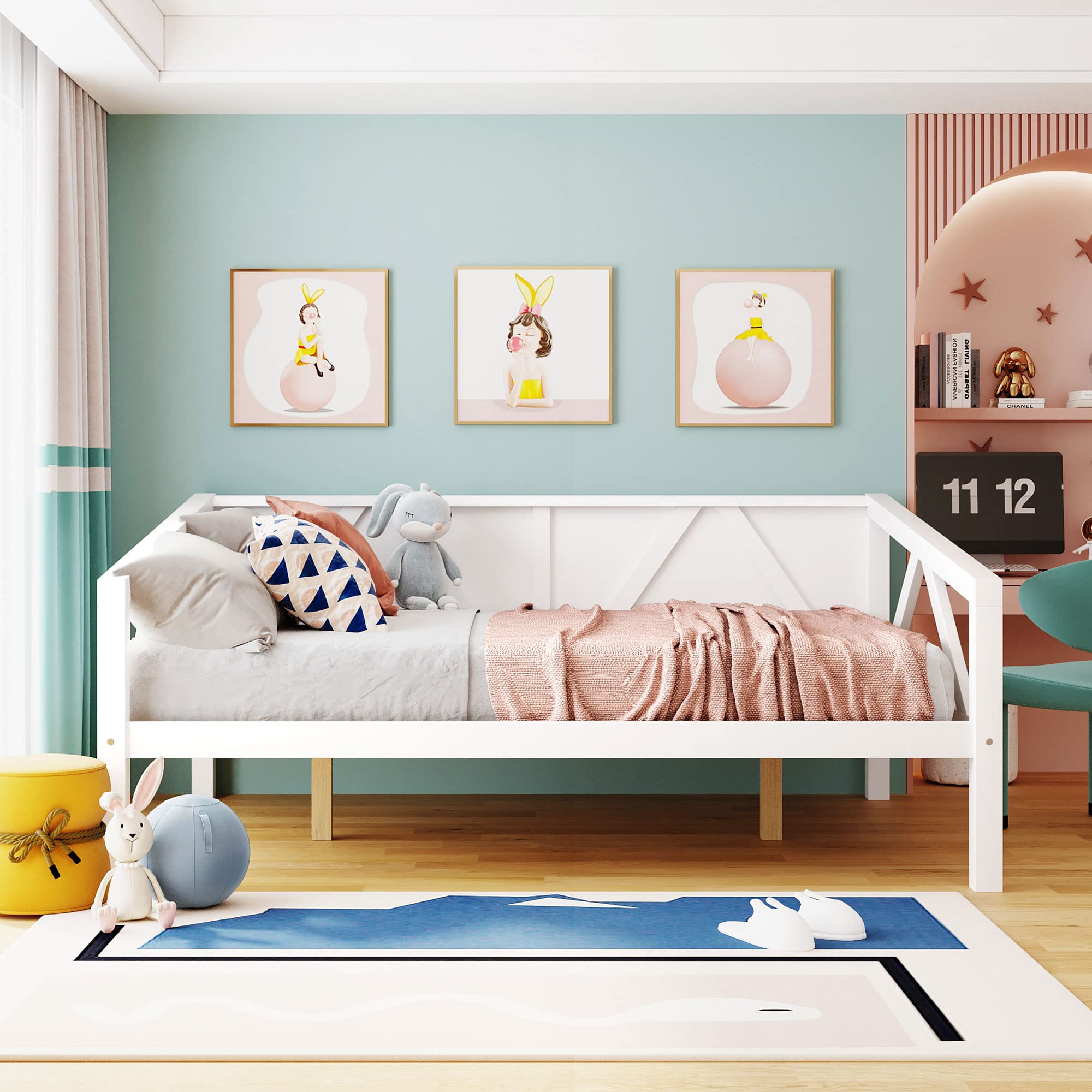 Bellemave Full Size Wooden Daybed Frame with Solid Wood Slats - Sturdy Dual-Use Sofa Bed for Bedroom & Living Room - No Box Spring Needed (White) - Perfect for Guest Rooms, Small Apartments & Cozy Reading Nooks