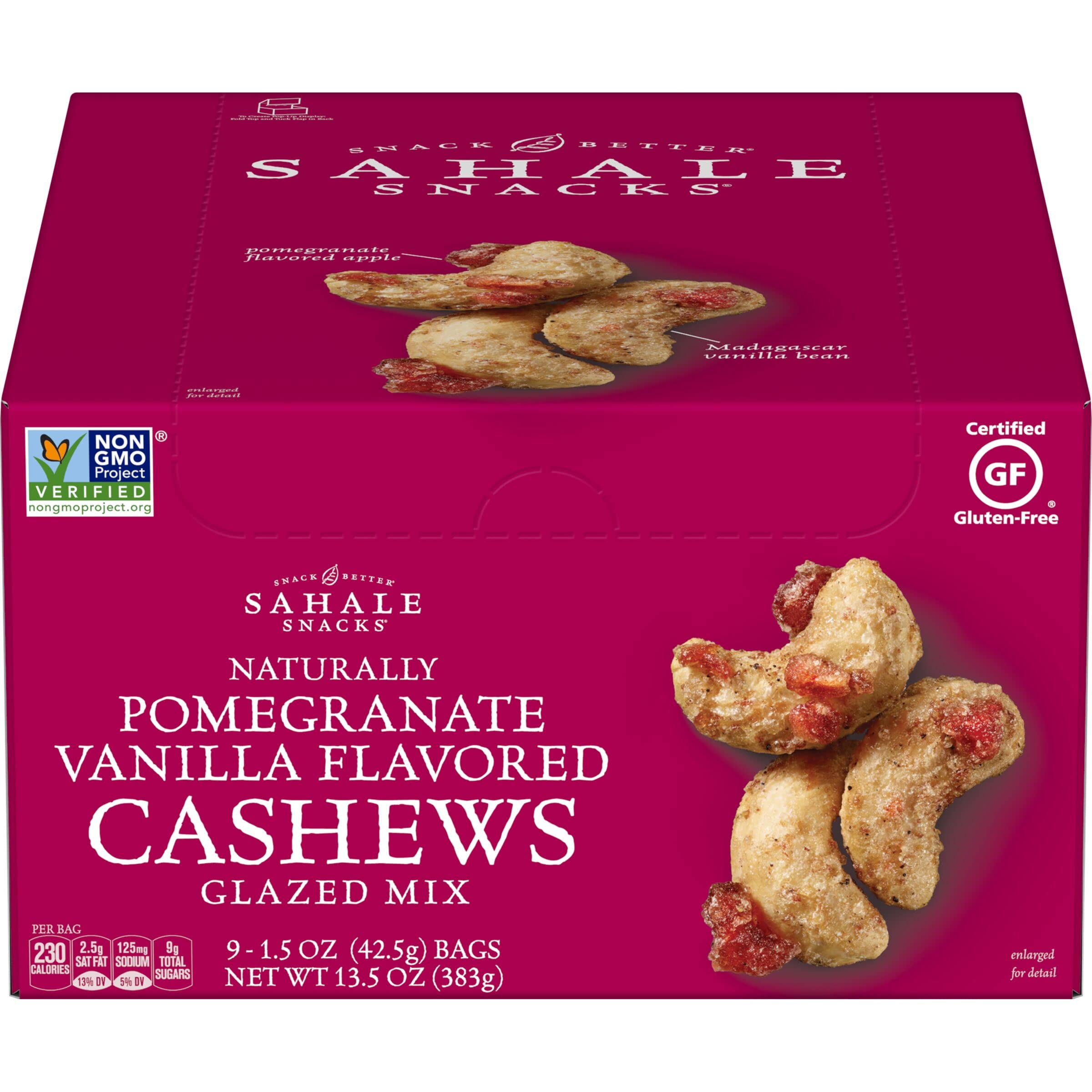 Sahale Snacks Pomegranate Vanilla Cashews, 1.5 oz Bags (18 Packs) - Premium Dry-Roasted Mixed Nuts with Pomegranate Infused Apples & Madagascar Vanilla - Non-GMO, Kosher, Gluten-Free Certified - Healthy Snacks for Office, Travel & Gifts