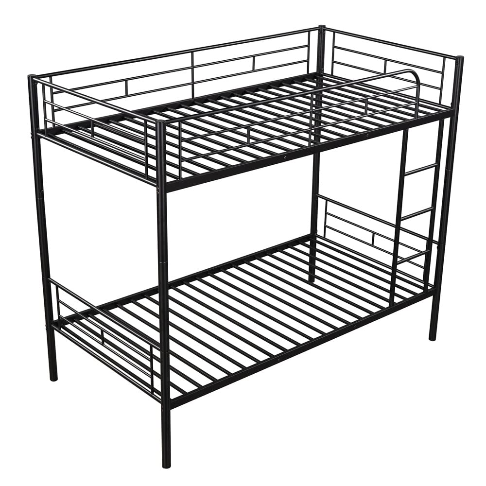 Twin Over Twin Metal Bunk Bed with Storage & Safety Rails - Heavy Duty Space Saving Bunk Bed Frame with Ladder, Convertible to 2 Separate Beds (Black) - Perfect for Kids' Rooms, Dorms & Small Spaces - No Box Spring Needed
