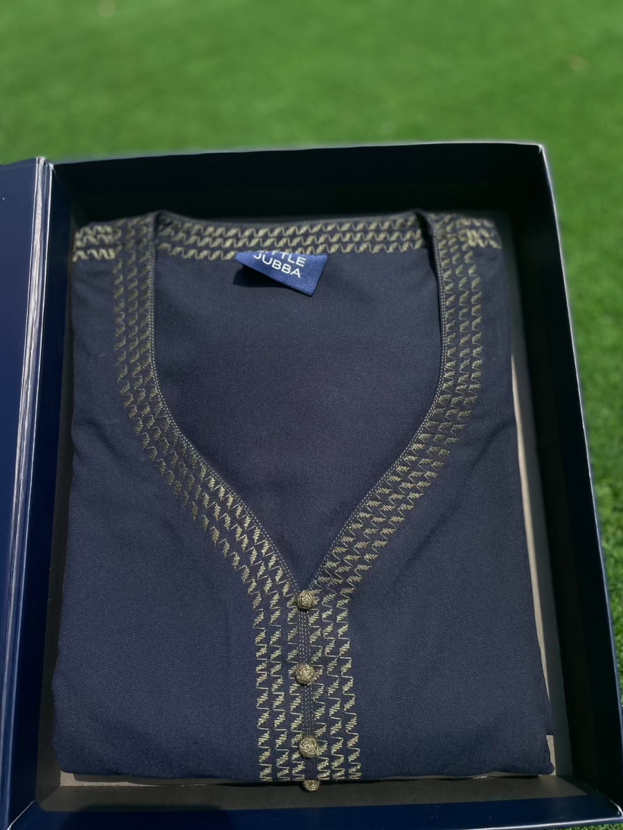Men's Navy Blue Thobe with Olive Embroidery - 3/4 Sleeve Islamic Prayer Robe - Perfect for Eid, Mosque & Special Occasions