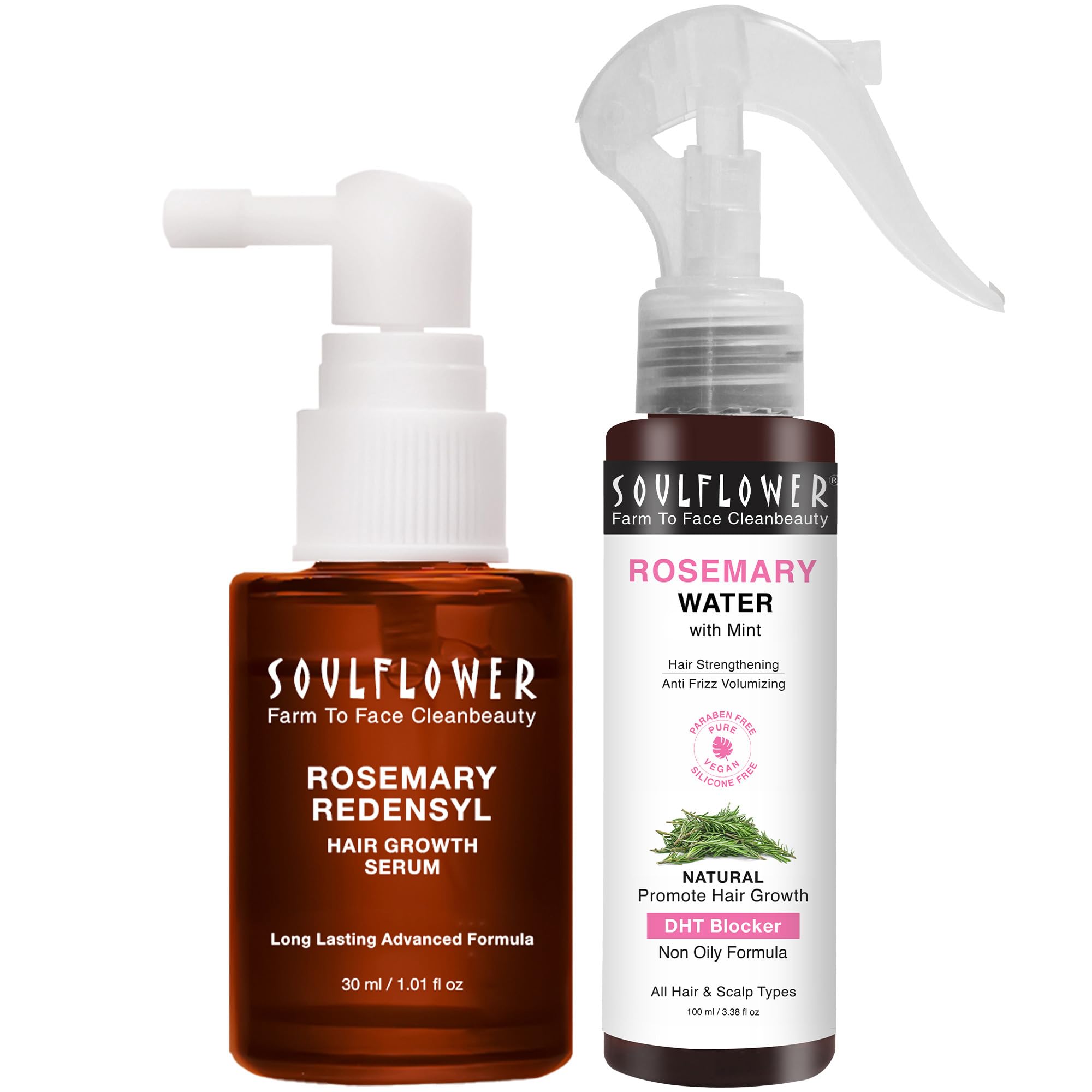 **Soulflower Rosemary Redensyl Hair Growth Serum (30ml) & Mint Rosemary Water Hair Spray (100ml) - Promotes Hair Growth, Reduces Hair Fall, Controls Frizz, Repairs Damage, Strengthens Hair | Frizz-Free Hair Care Routine for Men & Women - Perfect for Daily Use, Travel, and Salon-Quality Results at Home**