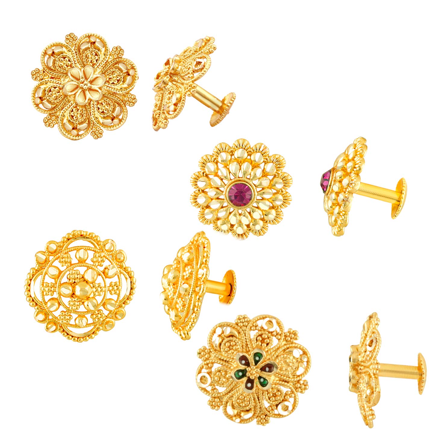 MEENAZ 18k Gold Plated Ruby Meenakari Stud Earrings for Women - Traditional South Indian Temple Jewelry Set with Screw Back Hoops & Bali Designs - Perfect for Weddings, Festivals & Ethnic Fashion