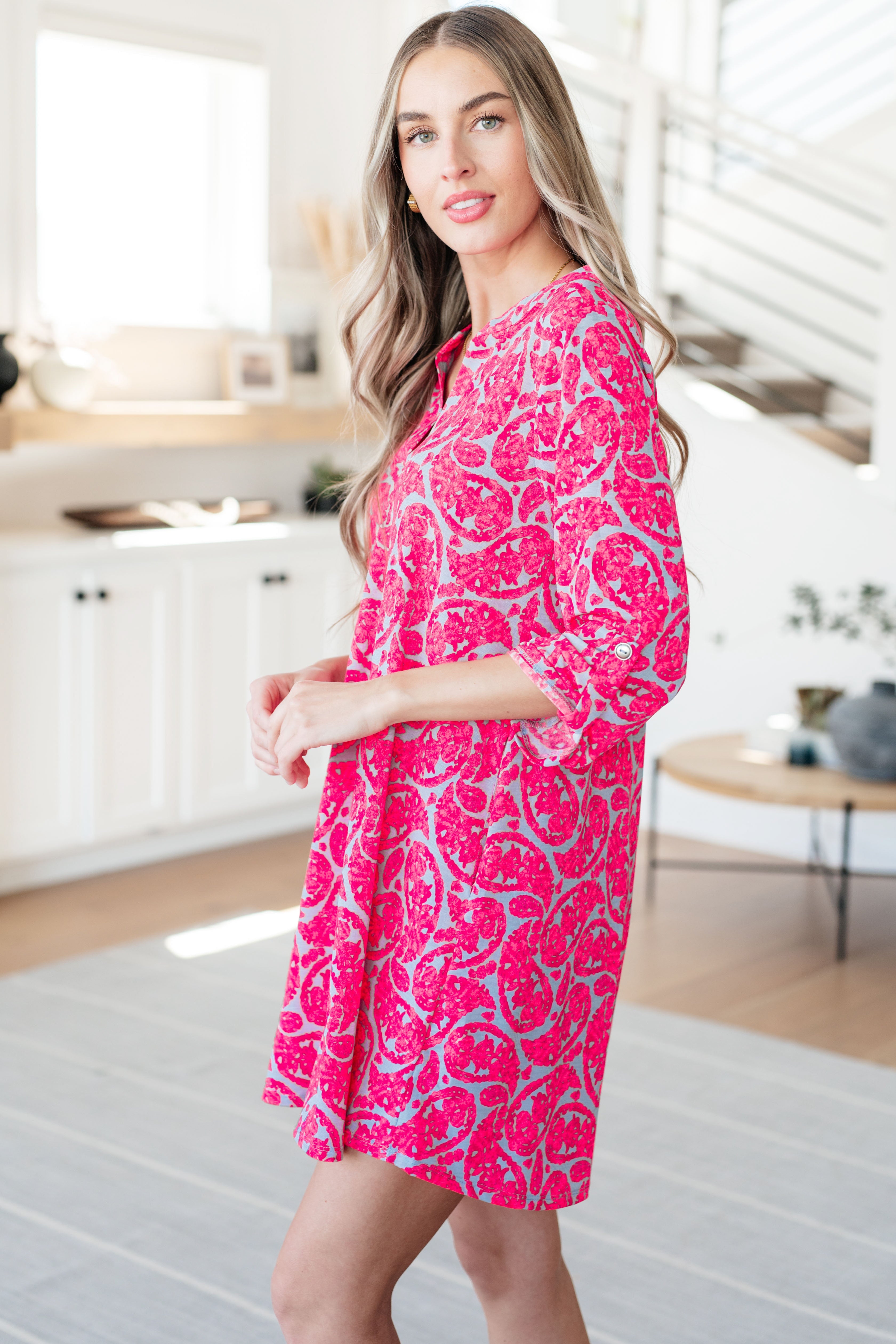 Lizzy Dress - Grey and Pink Paisley Floral Print Women's Summer Dress | Perfect for Casual Outings, Beach Vacations & Date Nights