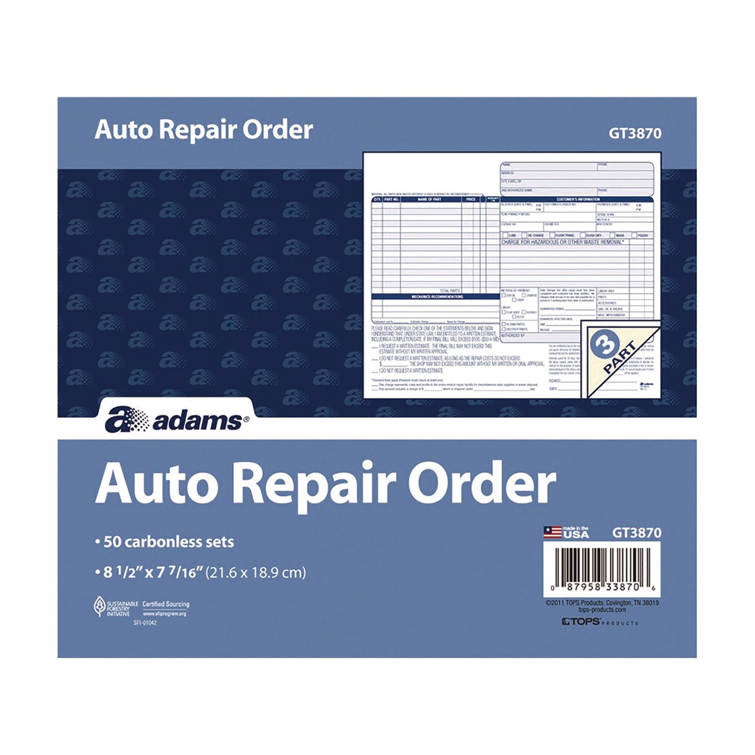 Adams® Multipart Auto Repair Work Order Forms - 3-Part Carbonless, 8.5