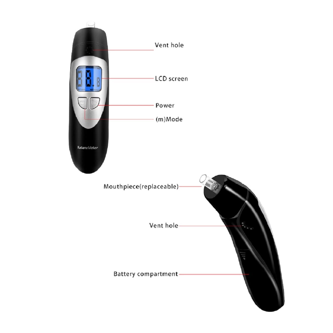Premium Ketone Breathalyzer - High Accuracy Digital Ketone Meter for Ketosis Testing with 10 Disposable Mouthpieces (Black) | Ideal for Keto Diet, Weight Loss & Diabetes Management