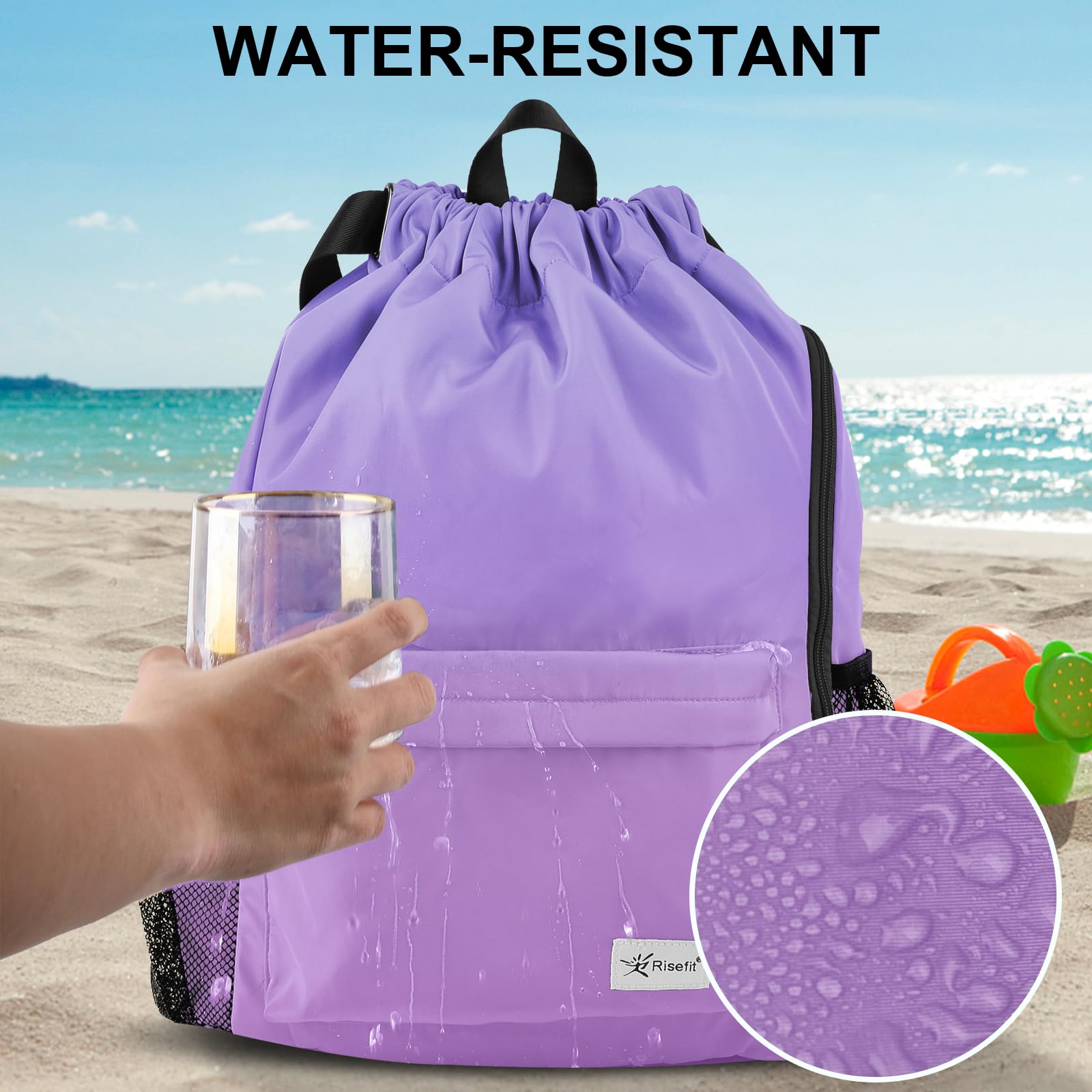**Drawstring Backpack with Mesh Pockets - Lightweight Water-Resistant Gym Bag for Men & Women - Perfect for Beach, Travel, Sports & Workout**