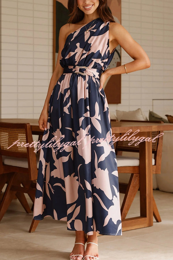 Unique Print Sleeveless One Shoulder Belted Maxi Dress for Women - Summer Beach Party, Evening Cocktail & Special Occasion Outfit