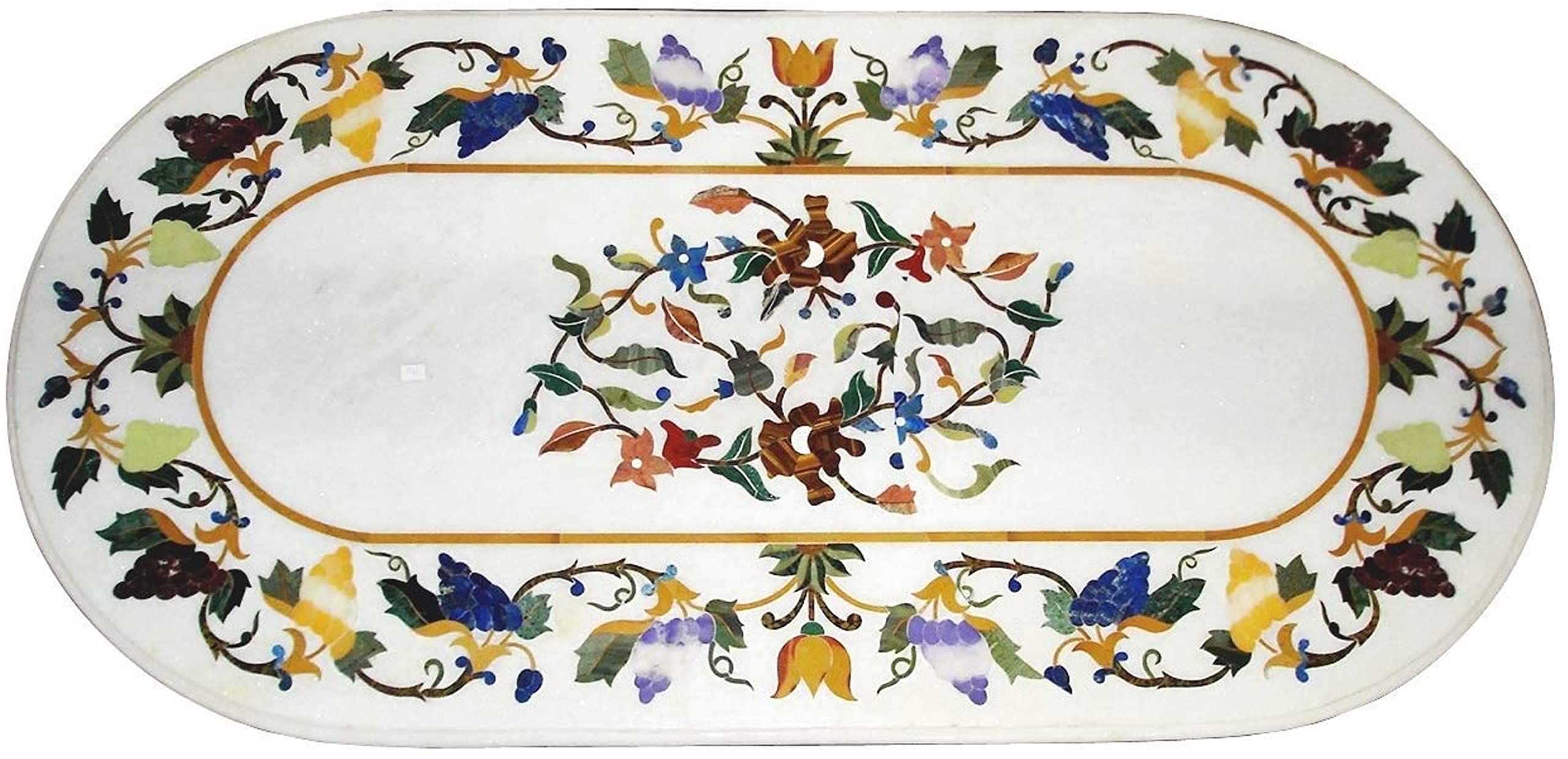 Pietra Dura Natural White Marble Oval Dining Table Top 48x30 Inches - Elegant Taj Mahal Marble Inlay for Breakfast, Coffee, Center, Meeting & Conference Tables - Perfect for Family Gatherings, Home Decor & Office Spaces
