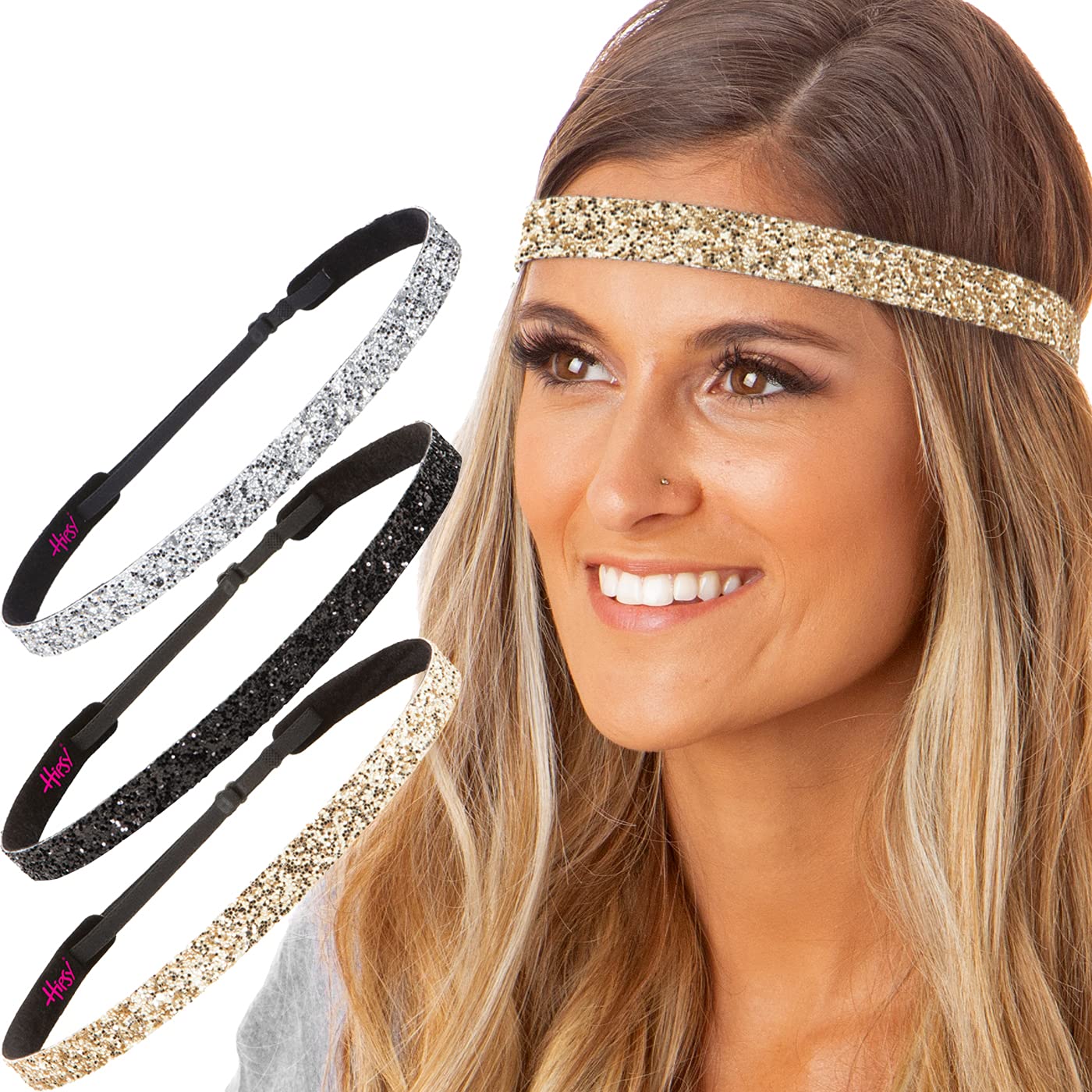 Stylish Plus Size Adjustable No-Slip Sparkly Bling Glitter Headbands 3-Pack for Women, Girls & Teens (Gold/Black/Silver) - Perfect for Workouts, Yoga, School & Everyday Fashion