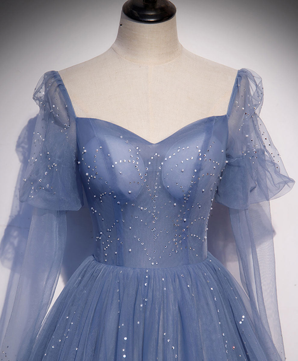 Elegant A-Line Blue Long Prom Dress with Beading - Formal Graduation Gown for Women - Perfect for Homecoming, Prom Night & Special Occasions