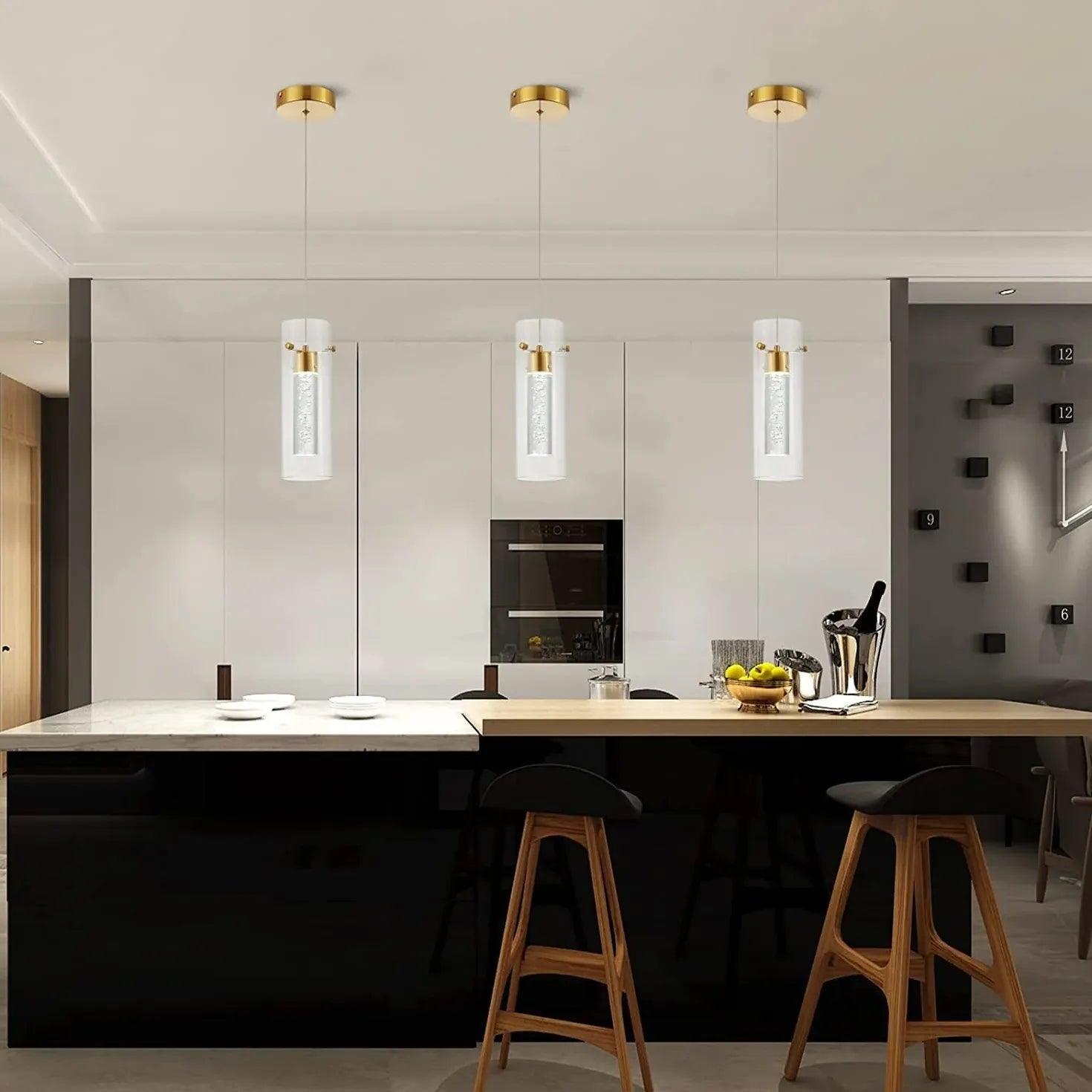 Clear Cylinder Glass Pendant Light Fixture - Modern Hanging Lamp for Kitchen Island, Dining Room & Bar Lighting