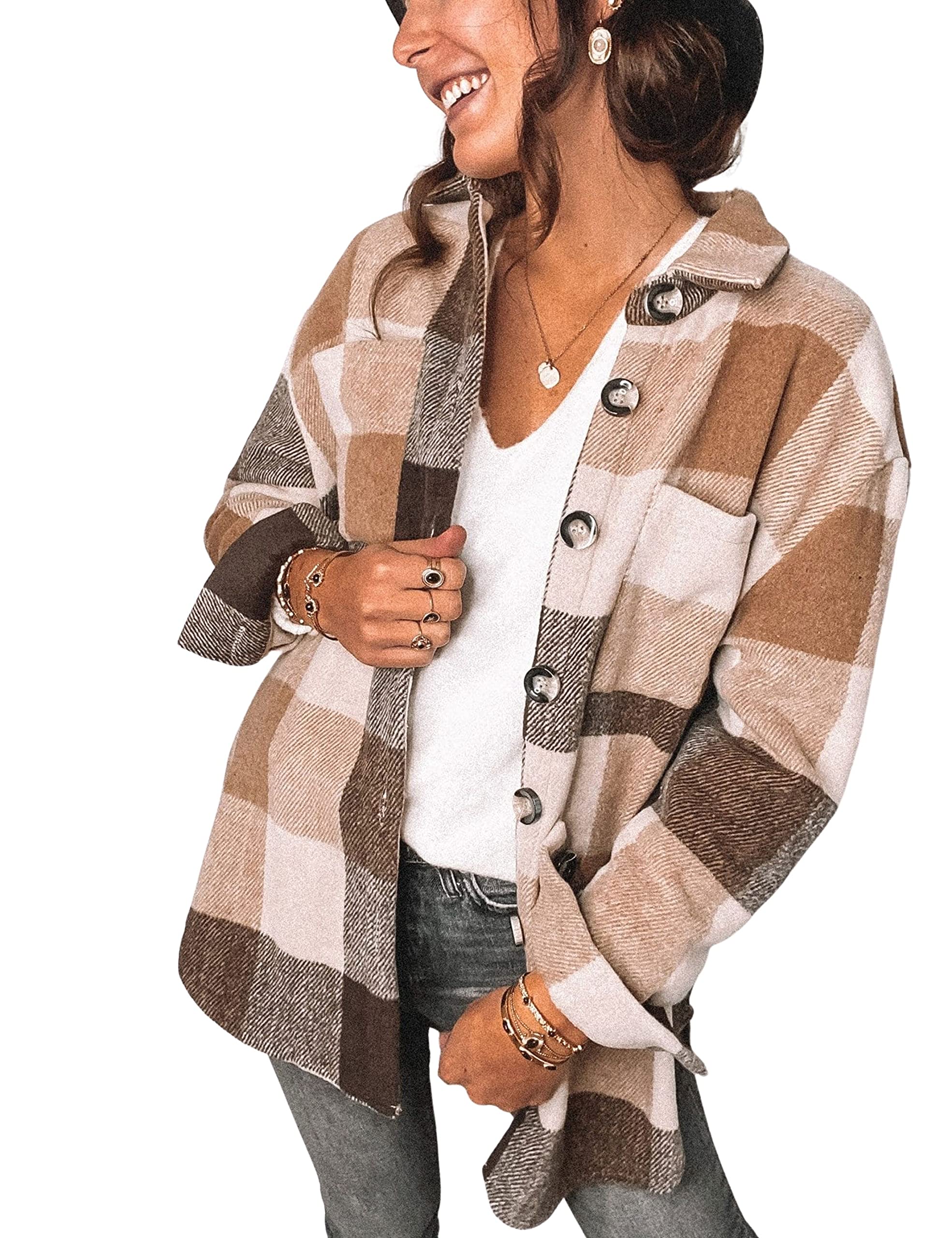 Hooever Women's Plaid Shacket - Soft Wool Blend Flannel Shirt Jacket with Buttons | Casual Fall & Winter Outerwear for Layering, Work & Weekend Outfits
