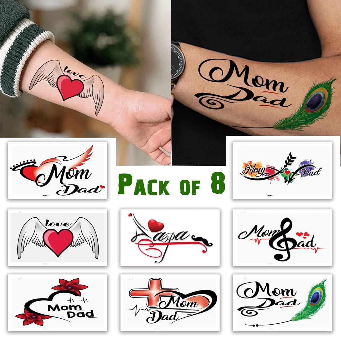 Waterproof Temporary Tattoo Pack of 8 - Mom Dad & Maa Paa Tattoo Combo | Long Lasting Fake Tattoos for Couples, Parents Day, Family Events & Festive Celebrations