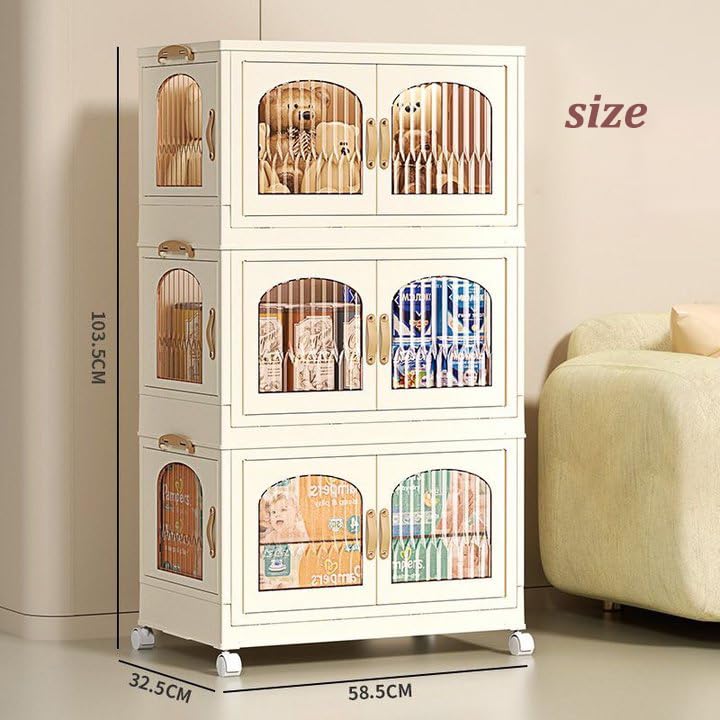 75 Gallon Stackable Storage Bins with Lids, Wheels & Magnetic Doors - Foldable Open Front Cabinet Organizer for Home, Pantry, Garage & Office (Beige, 111x40.5x63.5cm) - Perfect for Closet Organization, Toy Storage & Seasonal Decor