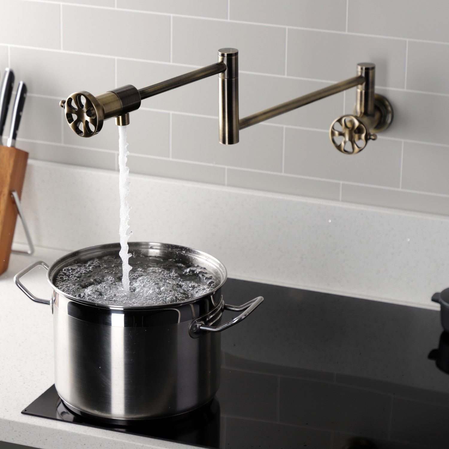 Belknap KS4103RX Two Handle Wall Mount Pot Filler Faucet in Antique Brass - Perfect for Kitchen Sink, Stove & Cooking Area