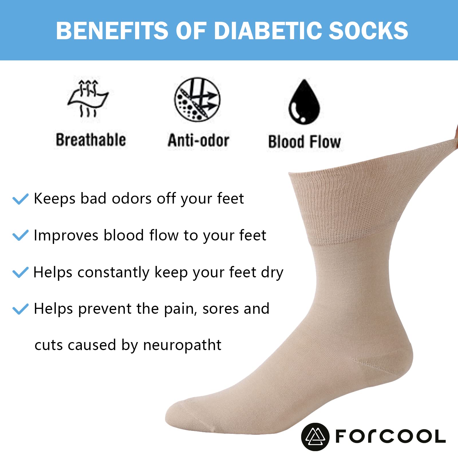 Forcool Non-Binding Diabetic Socks for Men & Women - Breathable Cotton Crew Socks for Circulation, M/L/XL (3/6 Pairs) - Perfect for Diabetes, Swelling & All-Day Comfort at Home or Work