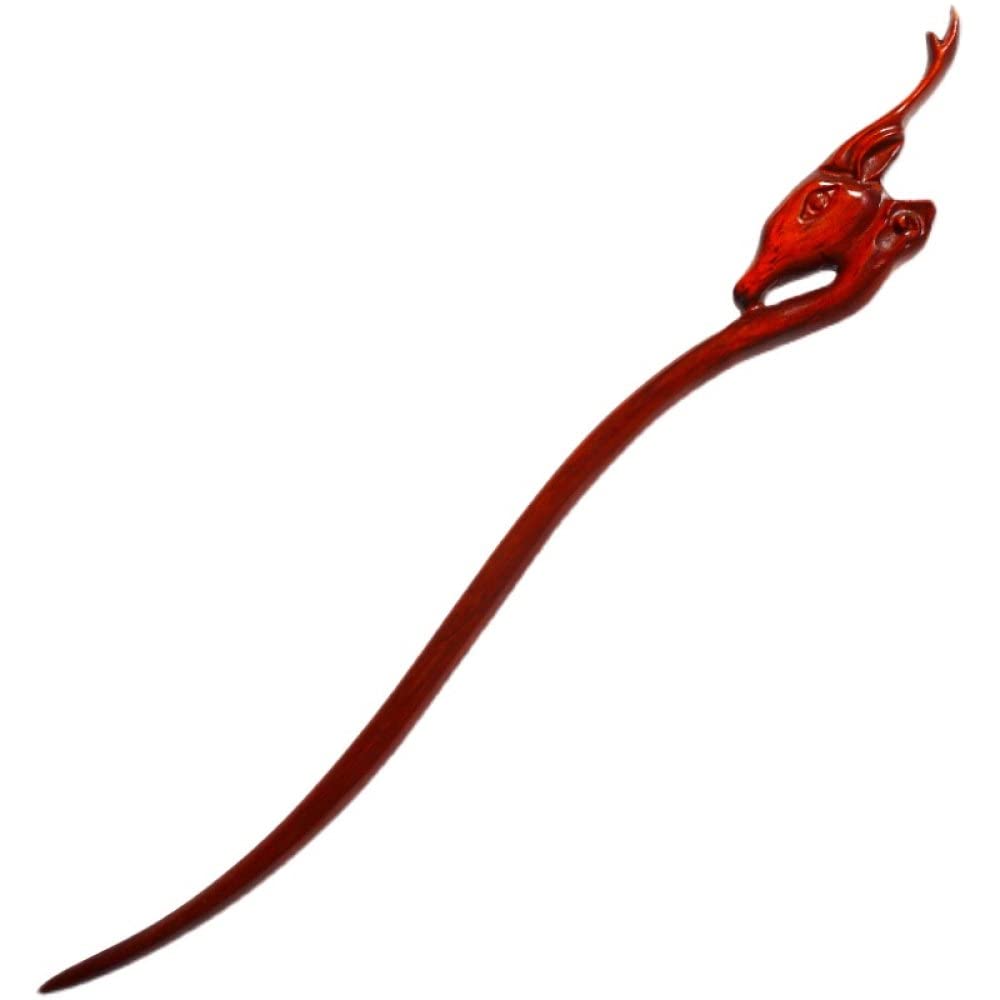 Classical Red Ebony Hair Sticks & Hair Pins - Vintage Chinese Wood Carved Deer Head Hair Forks for Women, Long Hair Accessories, Bridal Hair Jewelry | Perfect for Weddings, Parties and Traditional Chinese Costume Styling