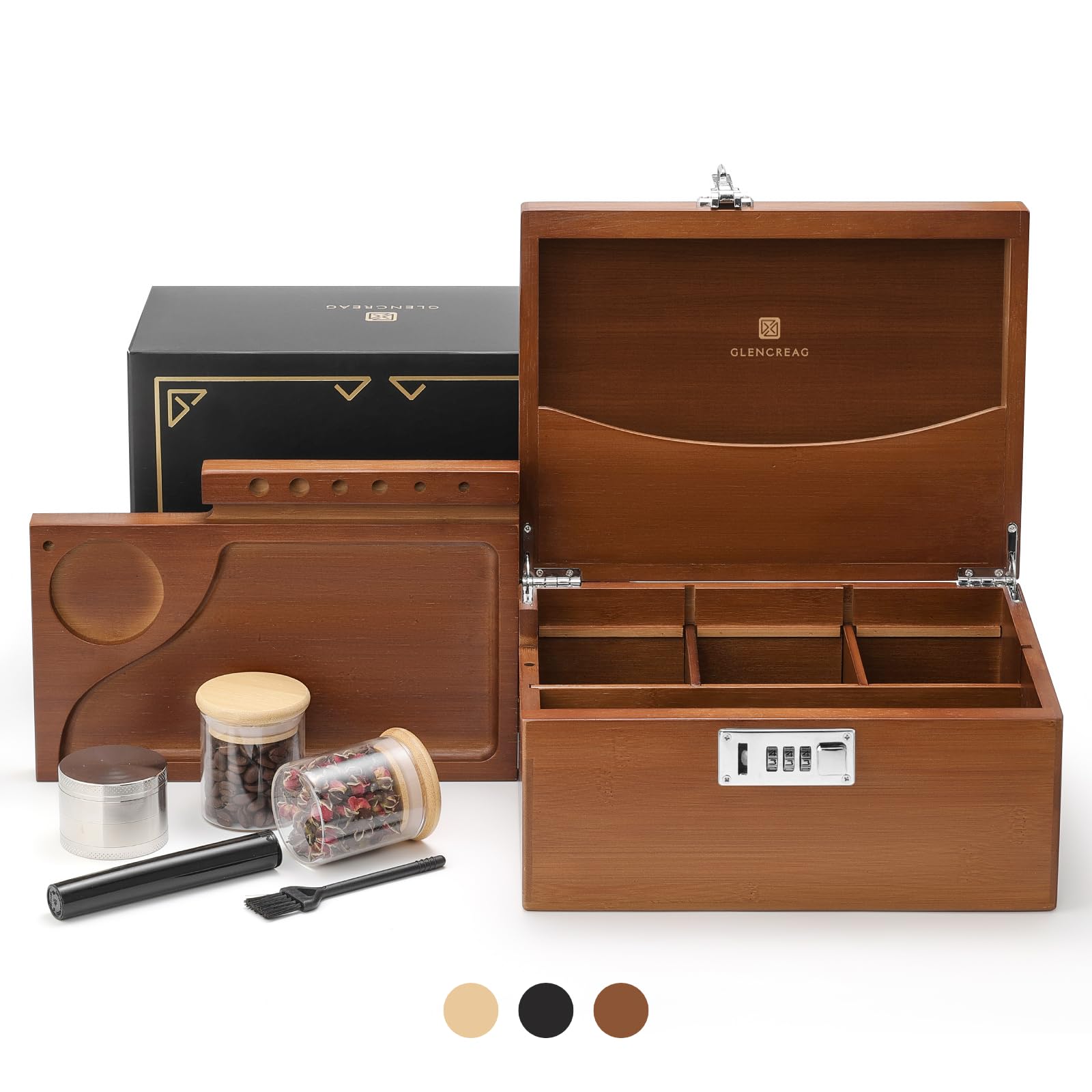 Smell Proof Bamboo Stash Box with Lock - Large Rolling Tray Storage Set Includes Glass Jars & Herb Grinder - Decorative Gift for Men & Women - Perfect for Organizing Smoking Accessories at Home or Travel