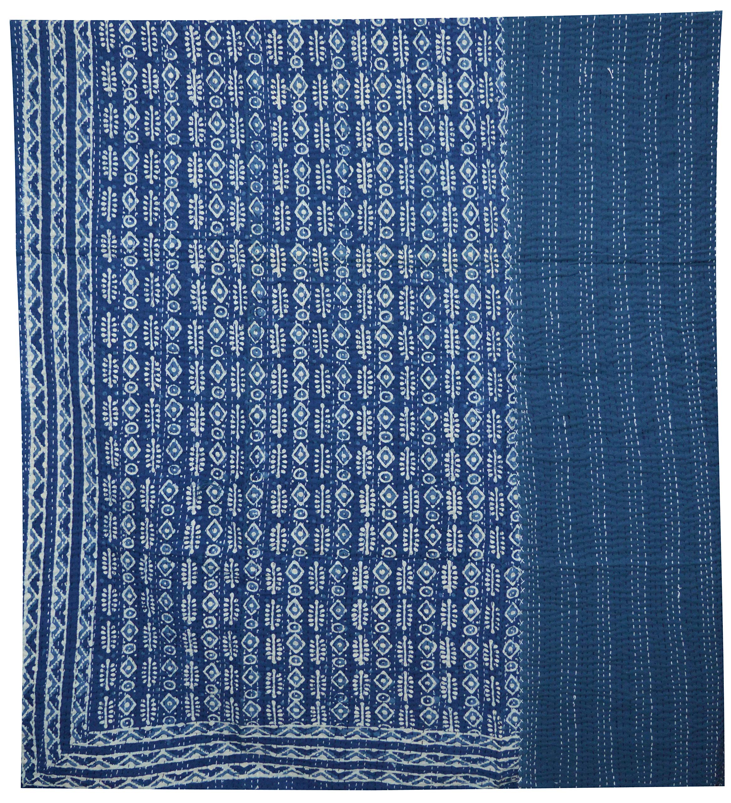 YUVANCRAFTS Handmade Indian Kantha Quilt - Blue Hand Block Print Cotton Throw Blanket, Single Size Bedspread for Cozy Home Decor | Perfect for Sofa, Bed & Gift Giving