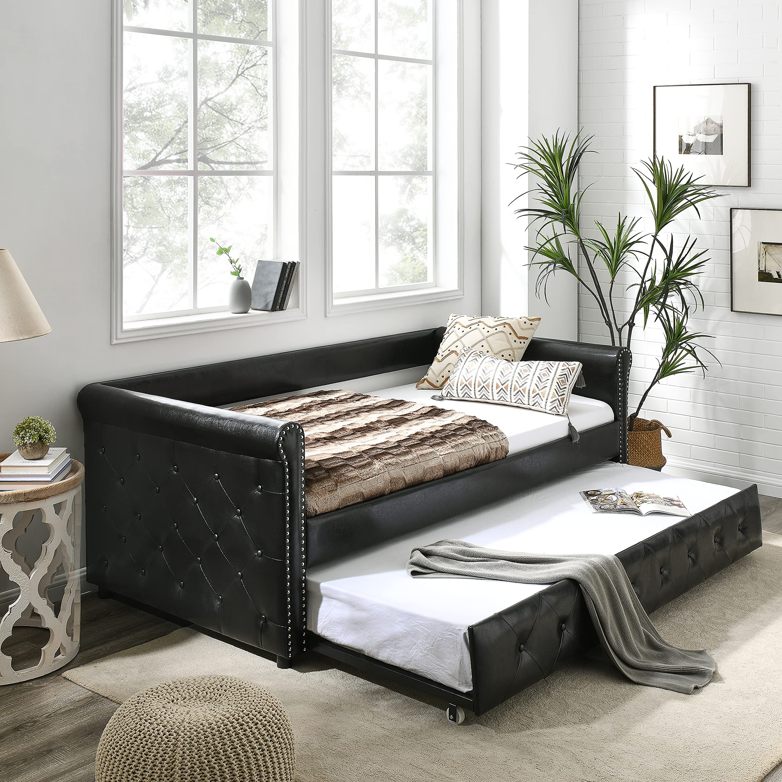 12+8 Inch Twin Size Upholstered Daybed with Trundle - Pull Out Sofa Bed Frame for Living Room & Bedroom - Convertible Sleeper Furniture (No Mattress Included) - Perfect for Guest Rooms, Small Spaces & Multi-Functional Home Decor (Black)