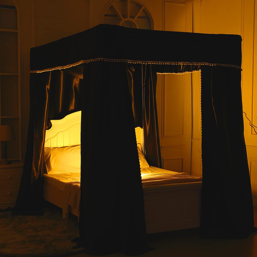 Elegant Solid Black with White Ball-Edge 4 Corner Post Bed Canopy - King Size Bedroom Decor for Adults, Girls & Boys - Perfect for Nursery, Dorm Room or Romantic Bedroom Decorations