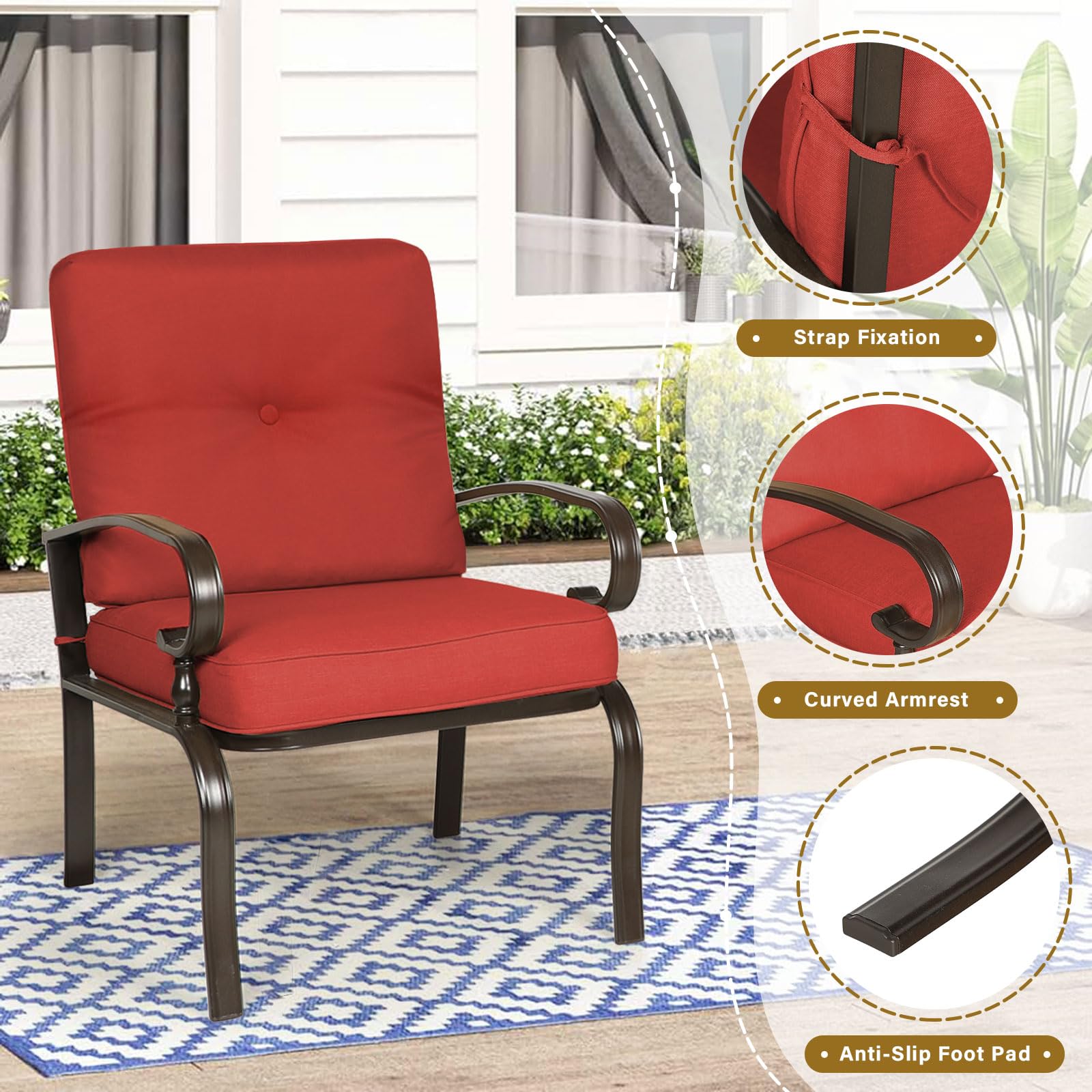 Incbruce 2-Piece Metal Outdoor Dining Chairs Set - Wrought Iron Patio Chairs with Steel Frame, All-Weather Garden Seating with Arms & Cushions (Red) - Perfect for Backyard, Restaurant, Poolside & Outdoor Dining